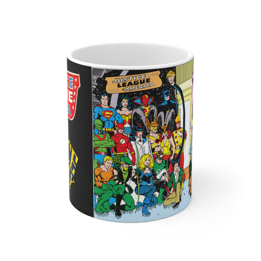 Justice League & Justice Society Coffee Mug, 11oz - Retro George Perez Art - Superman, Dr Fate, Hourman, Firestorm, Aquaman, Green Lantern