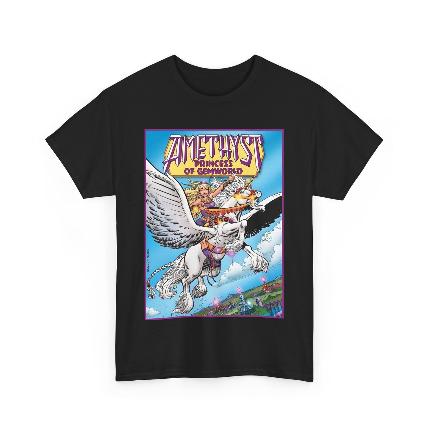 Amethyst Princess of Gemworld T-Shirt - George Perez Art - DC Comics 1980s Series - Riding a Unicorn