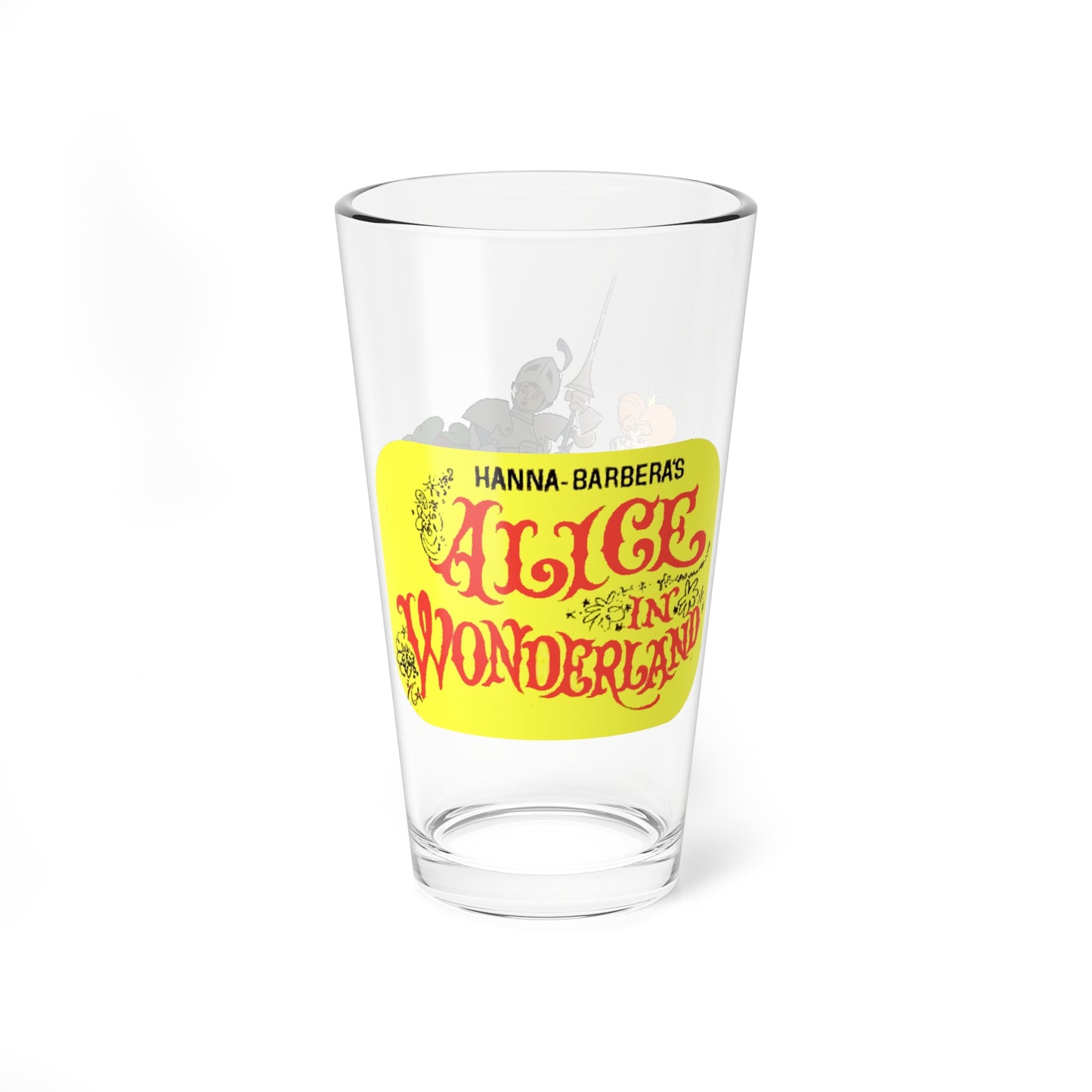 Alice in Wonderland Pint Glass, 16oz - Hanna-Barbera Cartoon 1960s Musical TV Movie - What's a Nice Kid like You Doing in a Place like This? - White Rabbit, Queen of Hearts