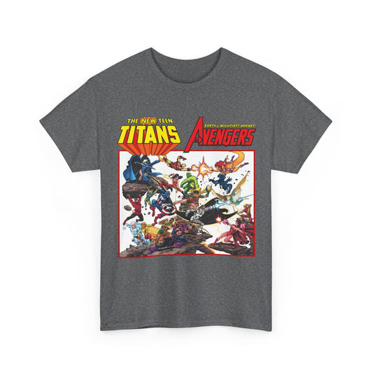 New Teen Titans Vs Avengers T-Shirt - George Perez Art - Hawkeye, Wonder Man, Raven, Starfire, Cyborg, Scarlet Witch, Wonder Girl - DC Comics & Marvel Comics