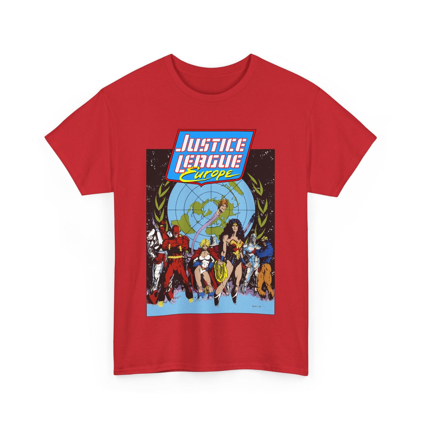 Justice League Europe T-Shirt - Bart Sears Art - Wonder Woman, Flash, Captain Atom, Animal Man, Elongated Man, Power Girl, Metamorpho - JLI Spin-Off - DC Comics