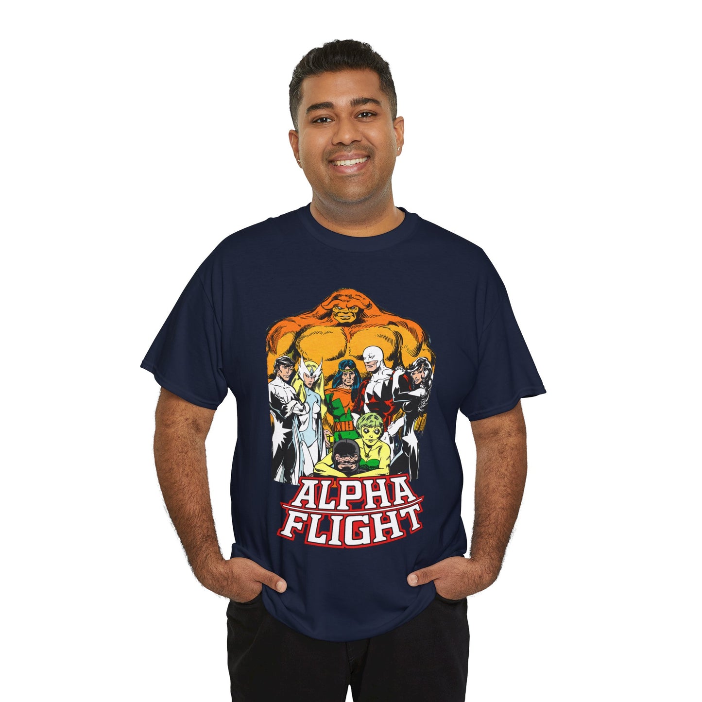 Alpha Flight T-Shirt - John Byrne Art - Northstar, Aurora, Guardian, Puck, Snowbird, Shaman, Sasquatch - Canada's Superhero Team - X-Men Connection - Marvel Comics