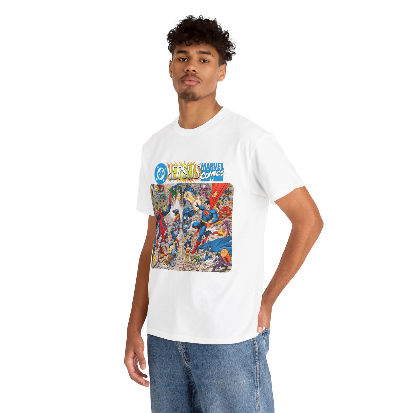 DC Comics Vs Marvel T-Shirt - John Byrne Art - Spider-Man, Raven, Cyborg, Wolverine, Joker, Superman, Batman, Deathstroke, Darkseid