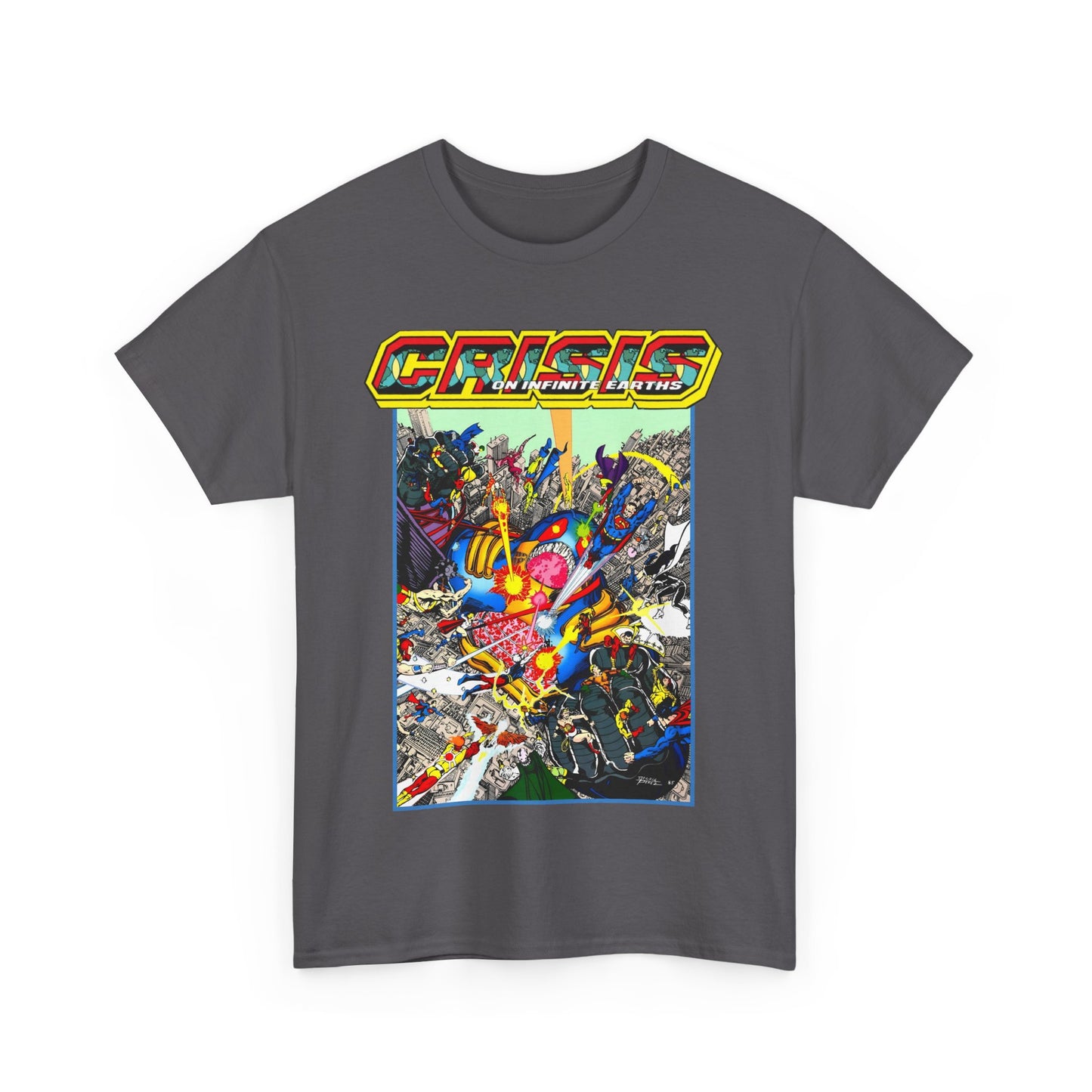 Crisis on Infinite Earths T-Shirt - George Perez Art - Superman, Firestorm, Captain Atom, Wonder Woman, Martian Manhunter Vs The Anti-Monitor - #12 Cover - DC Comics