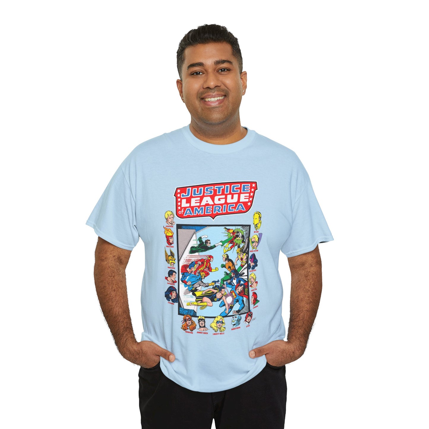 JLA & JSA T-Shirt - George Perez Art - All-Star Squadron - Firestorm, Huntress, Starman, Zatanna, Liberty Belle, Superman, Robotman, Firebrand, Dr Fate - DC Comics