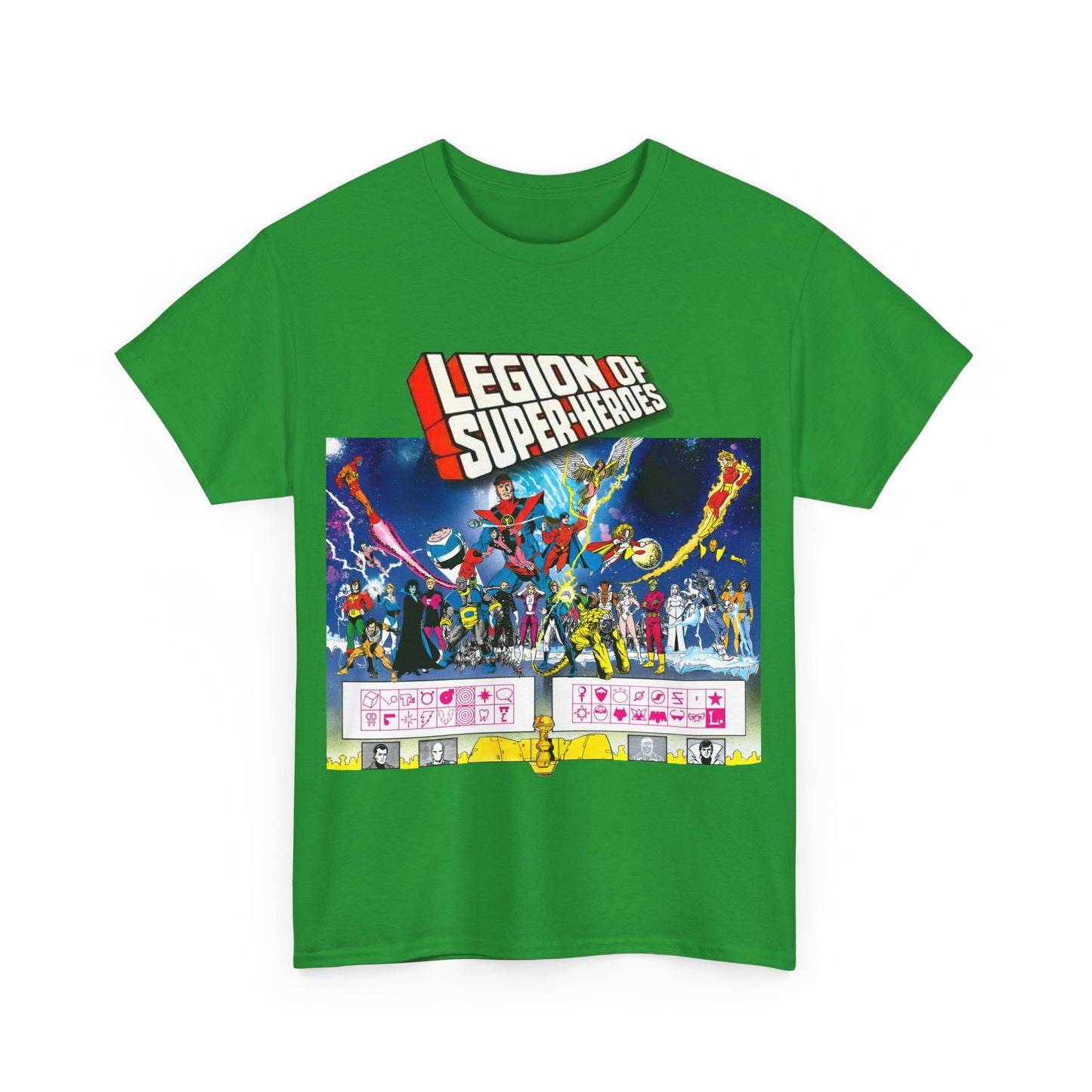 Legion of Super-Heroes T-Shirt - Gorgeous George Perez Art - History of the DC Universe - Lightning Lad, Timber Wolf, Wildfire, Sun Boy, Chamelon Boy - DC Comics