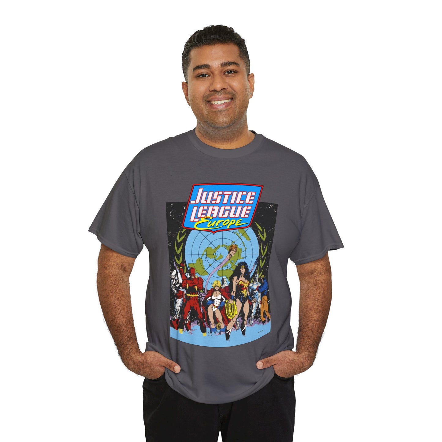 Justice League Europe T-Shirt - Bart Sears Art - Wonder Woman, Flash, Captain Atom, Animal Man, Elongated Man, Power Girl, Metamorpho - JLI Spin-Off - DC Comics