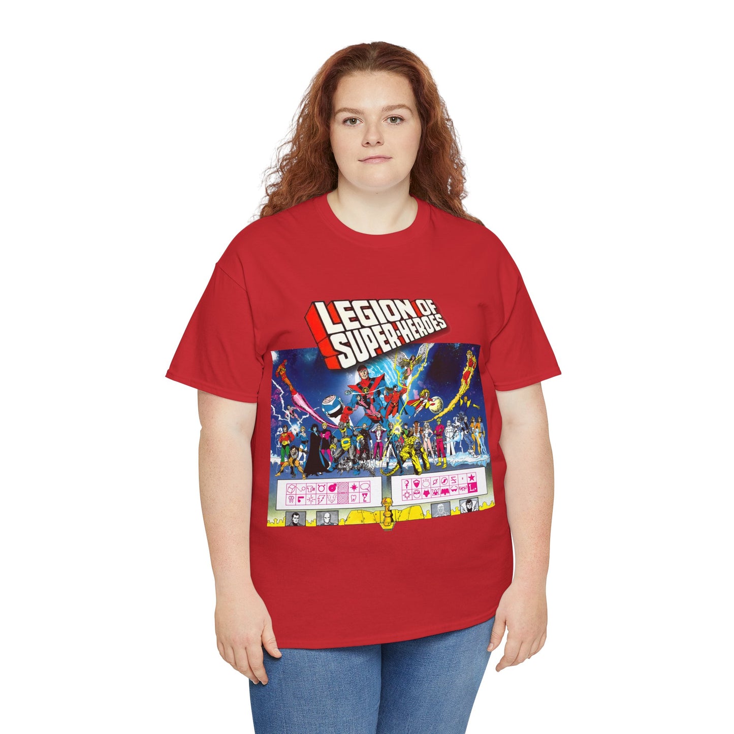 Legion of Super-Heroes T-Shirt - Gorgeous George Perez Art - History of the DC Universe - Lightning Lad, Timber Wolf, Wildfire, Sun Boy, Chamelon Boy - DC Comics