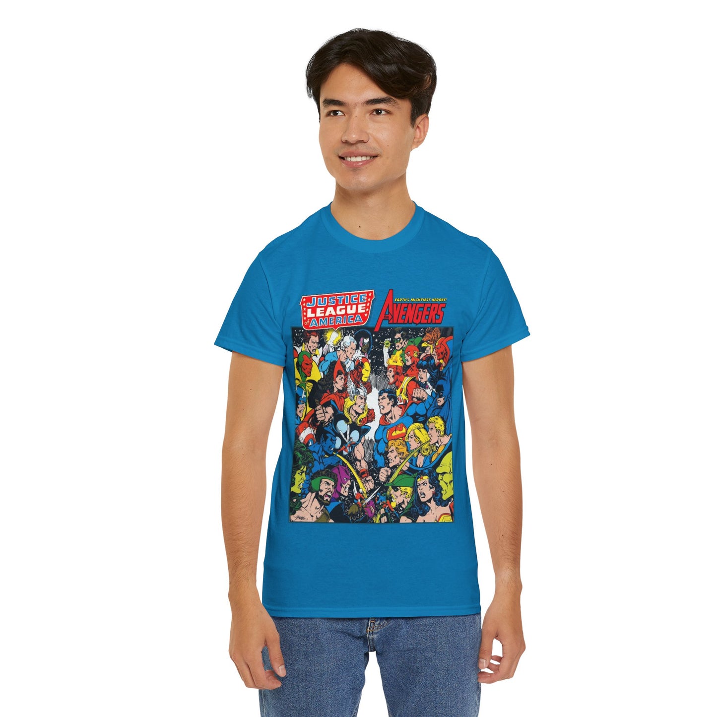 Justice League/Avengers T-Shirt - DC & Marvel Comics Art - George Perez - JLA - Batman, Captain America, Iron Man, Green Lantern