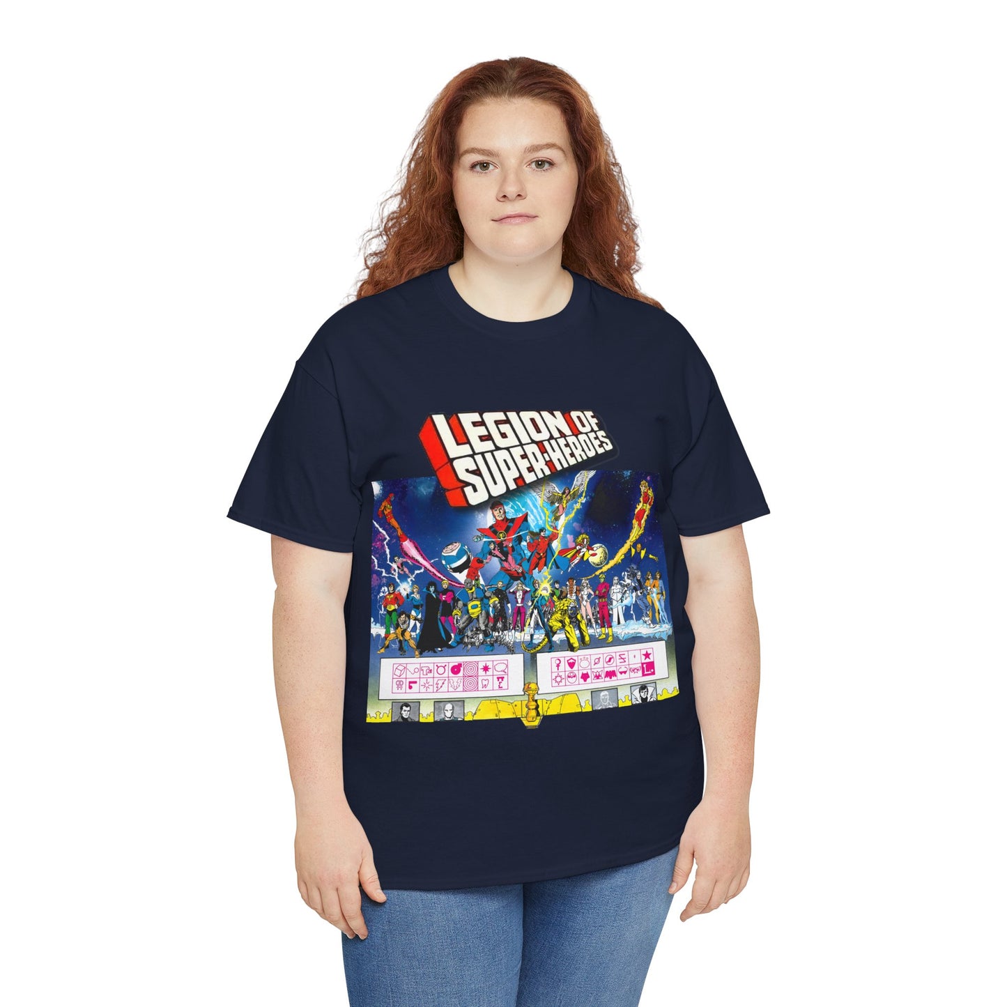 Legion of Super-Heroes T-Shirt - Gorgeous George Perez Art - History of the DC Universe - Lightning Lad, Timber Wolf, Wildfire, Sun Boy, Chamelon Boy - DC Comics