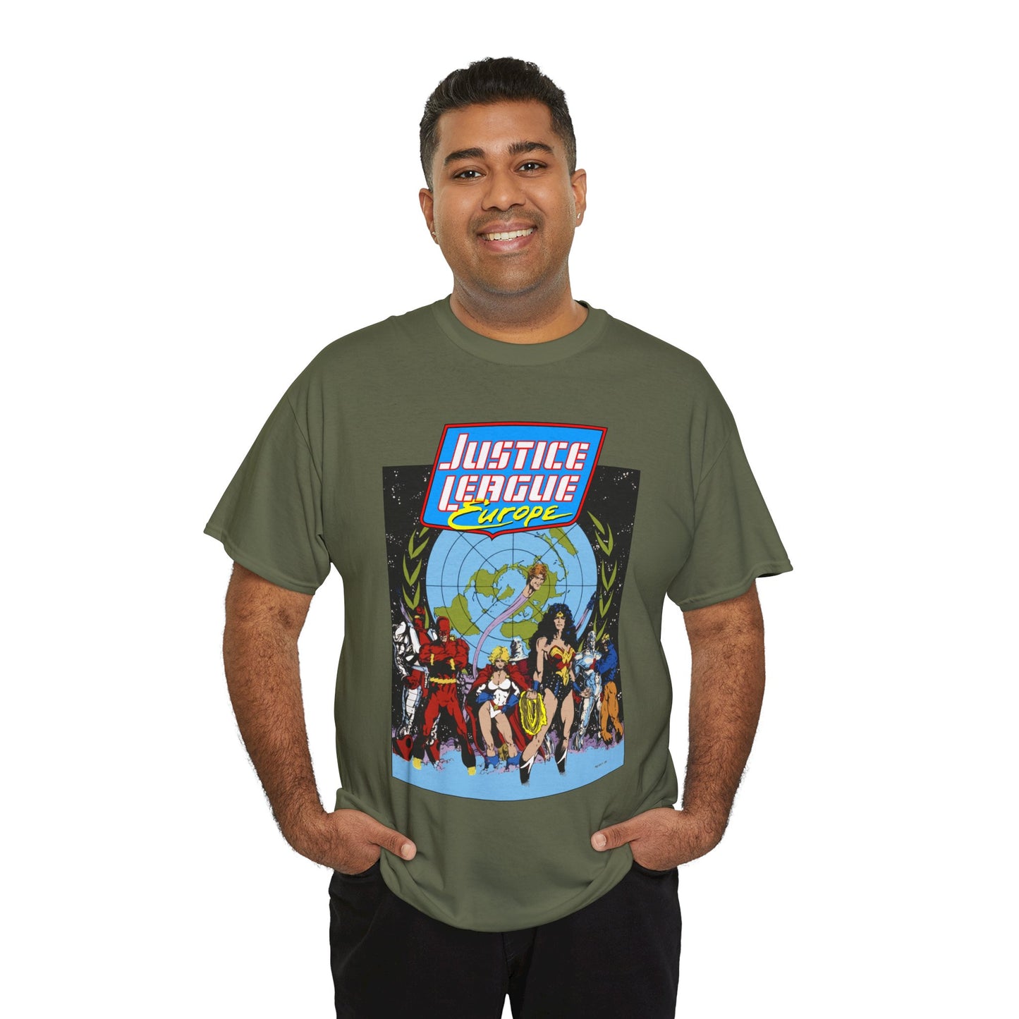 Justice League Europe T-Shirt - Bart Sears Art - Wonder Woman, Flash, Captain Atom, Animal Man, Elongated Man, Power Girl, Metamorpho - JLI Spin-Off - DC Comics