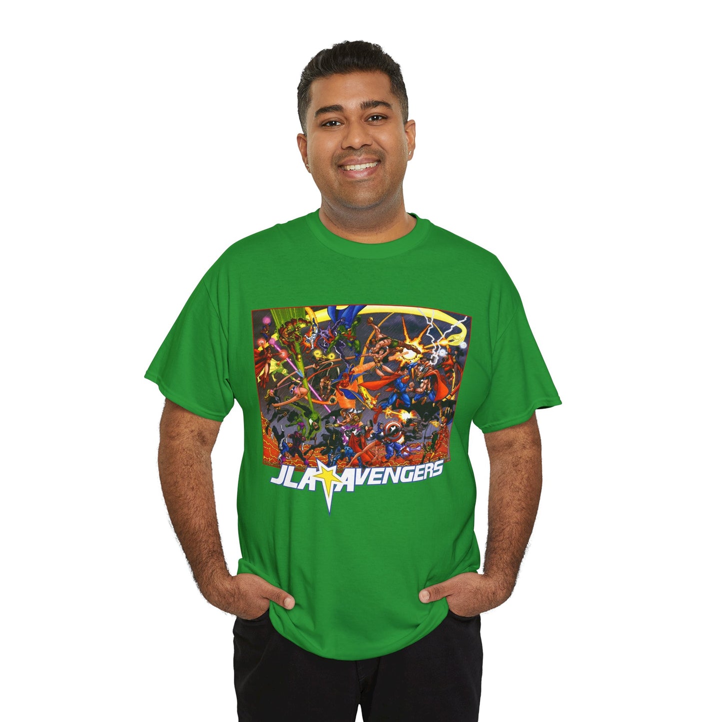 Avengers Vs JLA T-Shirt - Stunning George Perez Art - Marvel & DC Comics Crossover - Thor, Superman, Wonder Woman, Hercules, Iron Man, Batman, Black Canary, Scarlet Witch, Wonder Man, Martian Manhunter
