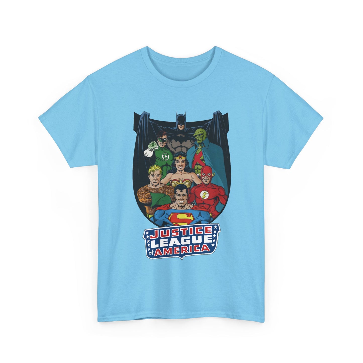 Justice League of America T-Shirt - George Perez Art - Superman, Wonder Woman, Batman, Aquaman, Martian Manhunter, Flash, Green Lantern - DC Comics