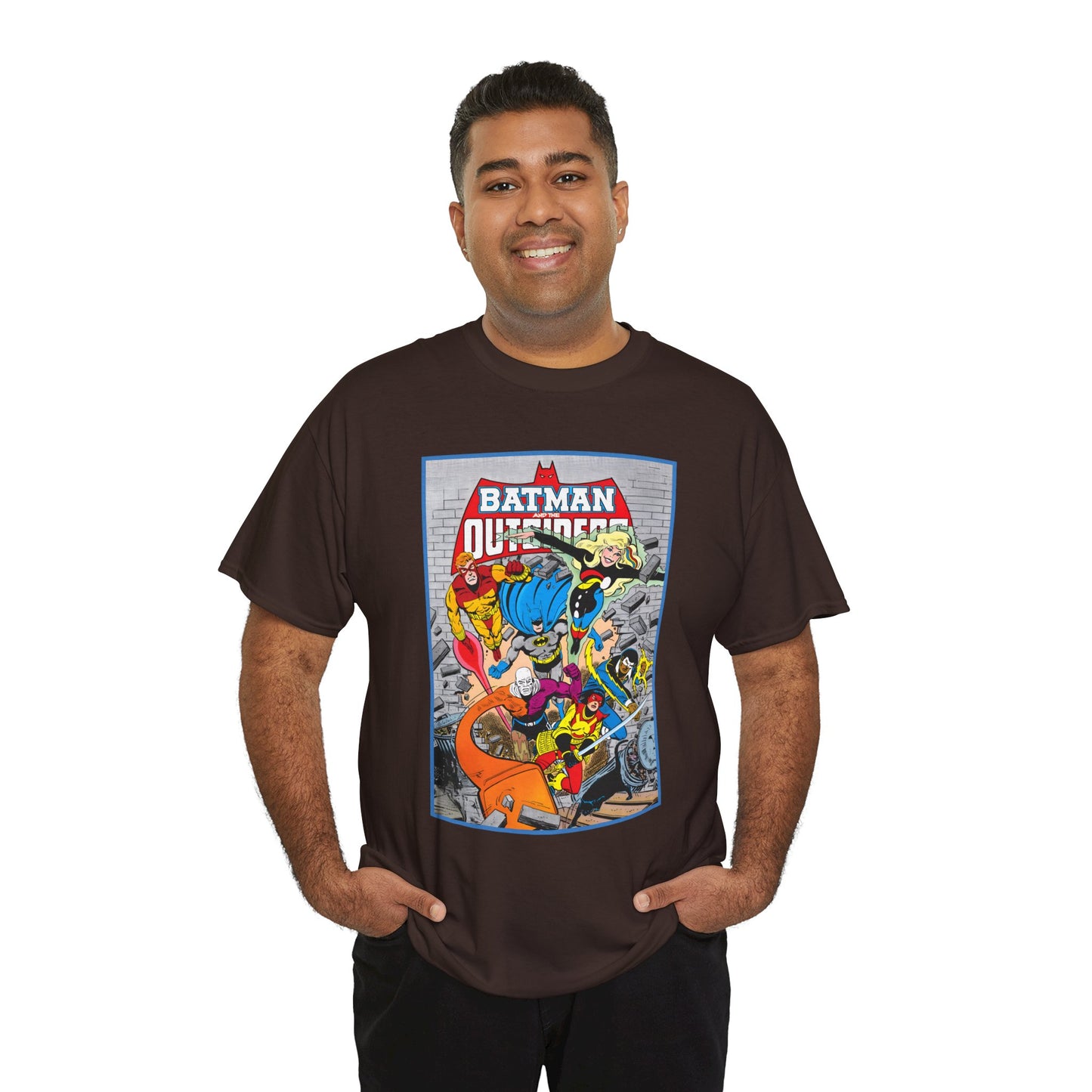 Batman & the Outsiders T-Shirt - Jim Aparo Art - Katana, Geo-Force, Black Lightning, Metamorpho, Halo - DC Comics - 1980s JLA Spin-Off Series