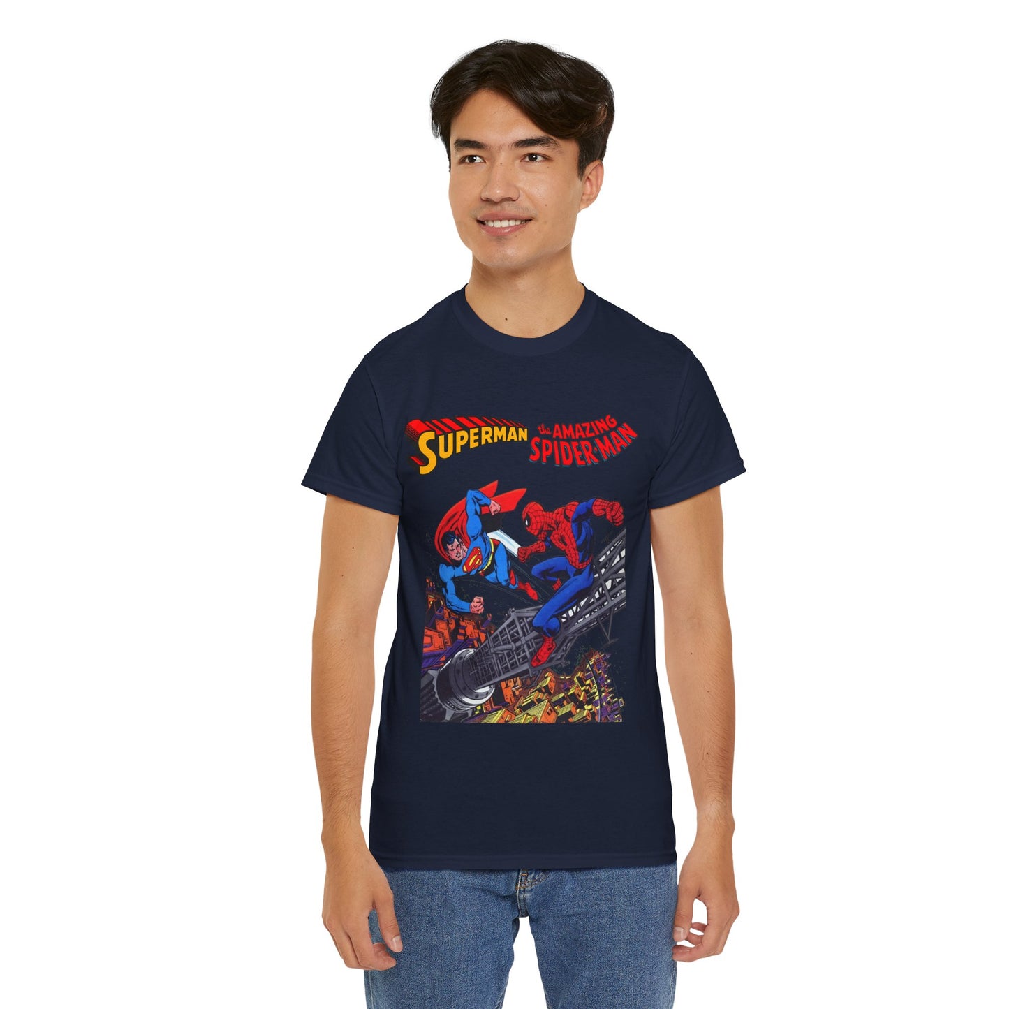 Superman & Amazing Spider-Man T-Shirt - DC/Marvel Comics Crossover - 1970s - Clark Kent & Peter Parker