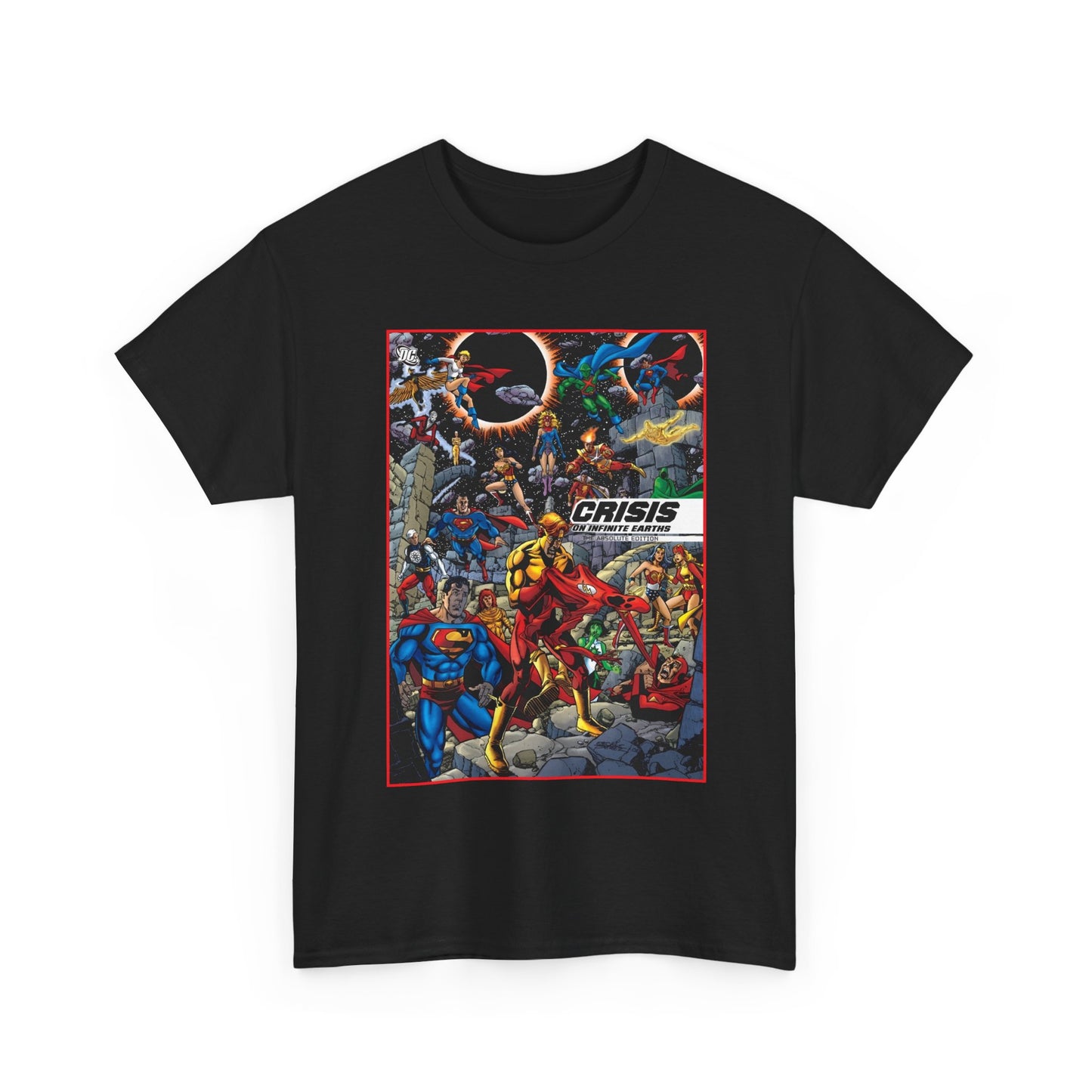 Crisis on Infinite Earths T-Shirt - George Perez Art - Absolute Edition Cover - Flash, Supergirl, Wonder Woman, Kid Flash, Psycho Pirate, Harbinger - DC Comics