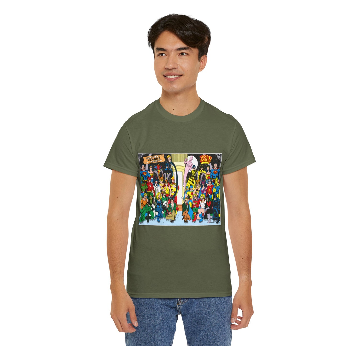 JLA & JSA T-Shirt - George Perez Art - Justice League, Society Team-up - Batman, Wildcat, Dr Fate, Hourman, Firestorm, Superman