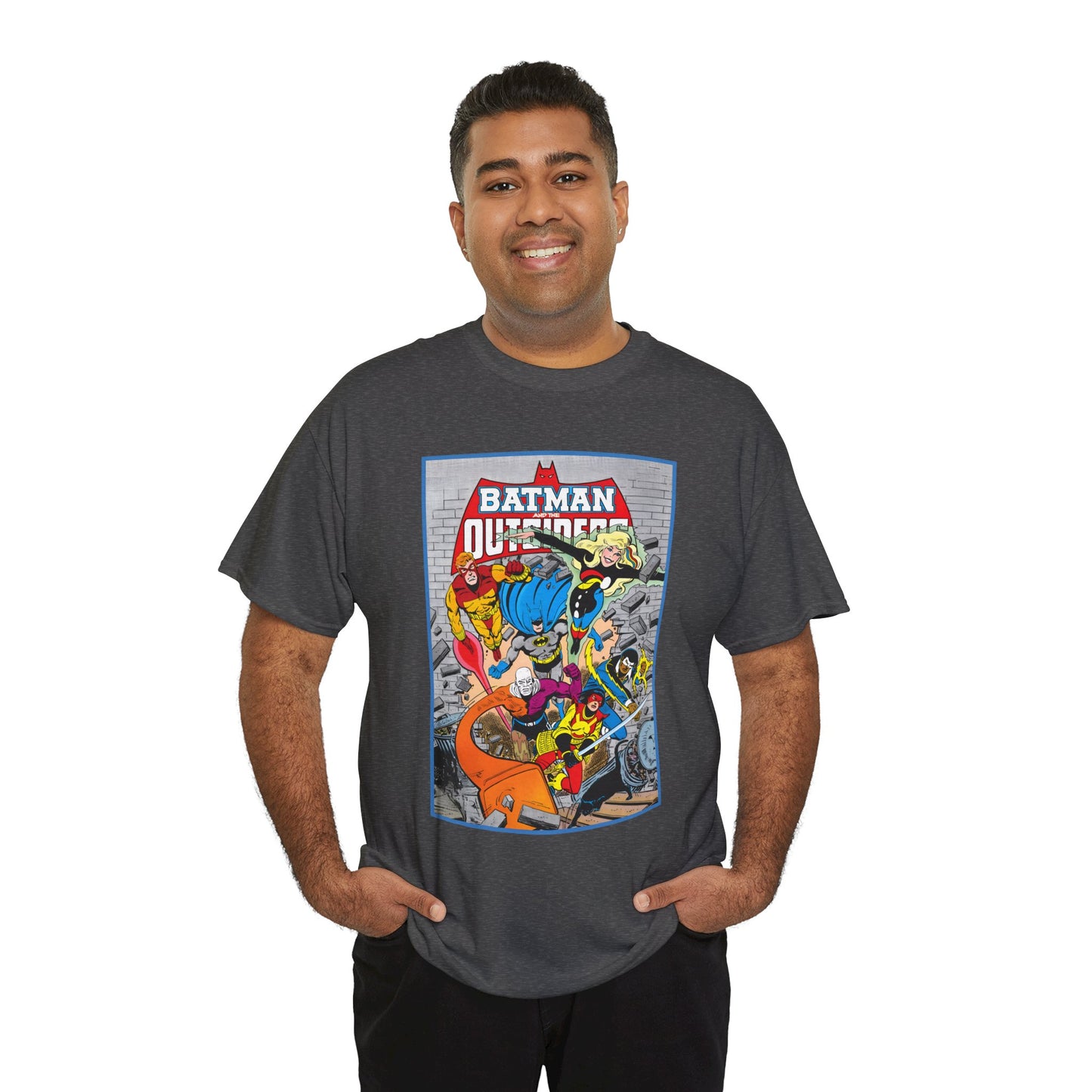Batman & the Outsiders T-Shirt - Jim Aparo Art - Katana, Geo-Force, Black Lightning, Metamorpho, Halo - DC Comics - 1980s JLA Spin-Off Series