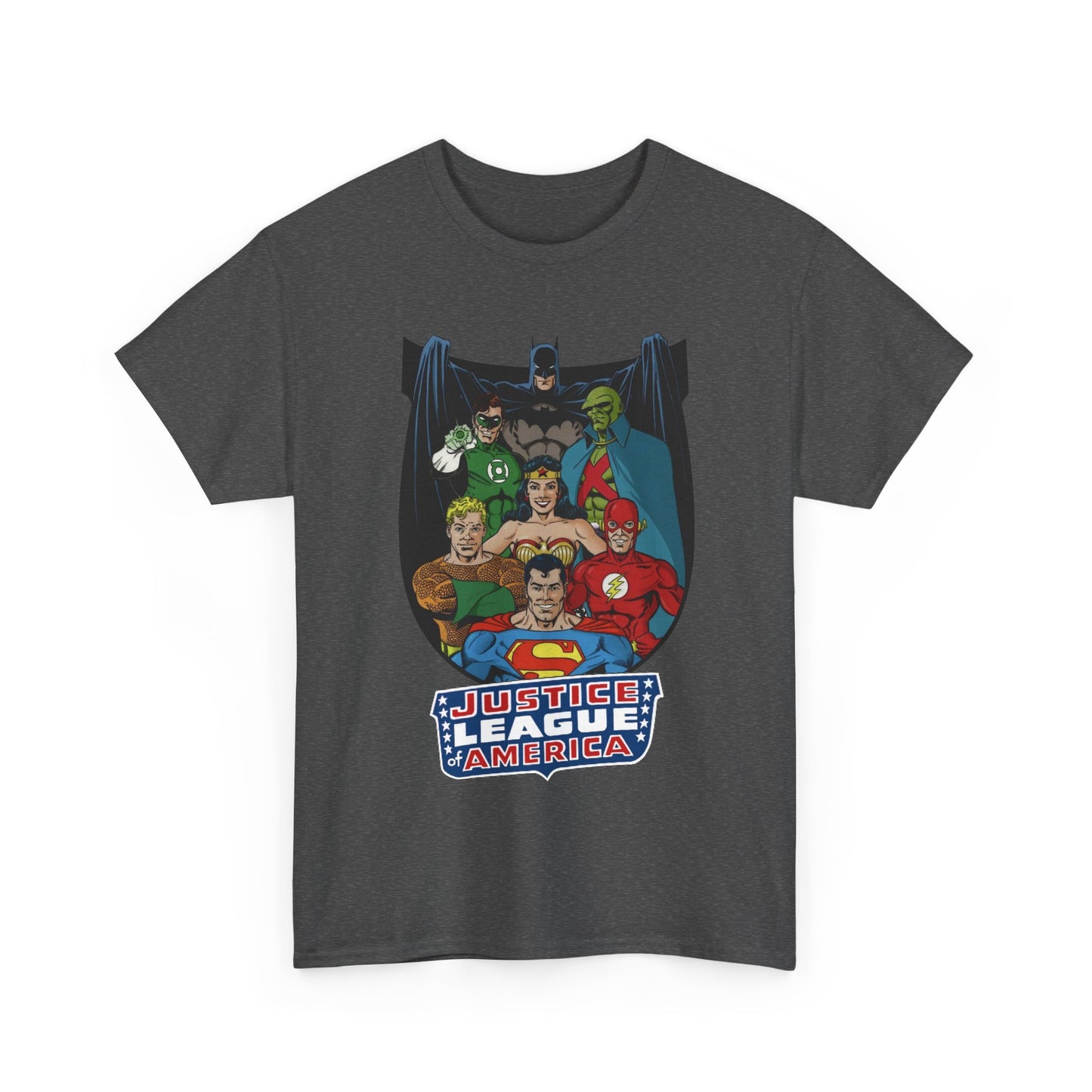 Justice League of America T-Shirt - George Perez Art - Superman, Wonder Woman, Batman, Aquaman, Martian Manhunter, Flash, Green Lantern - DC Comics