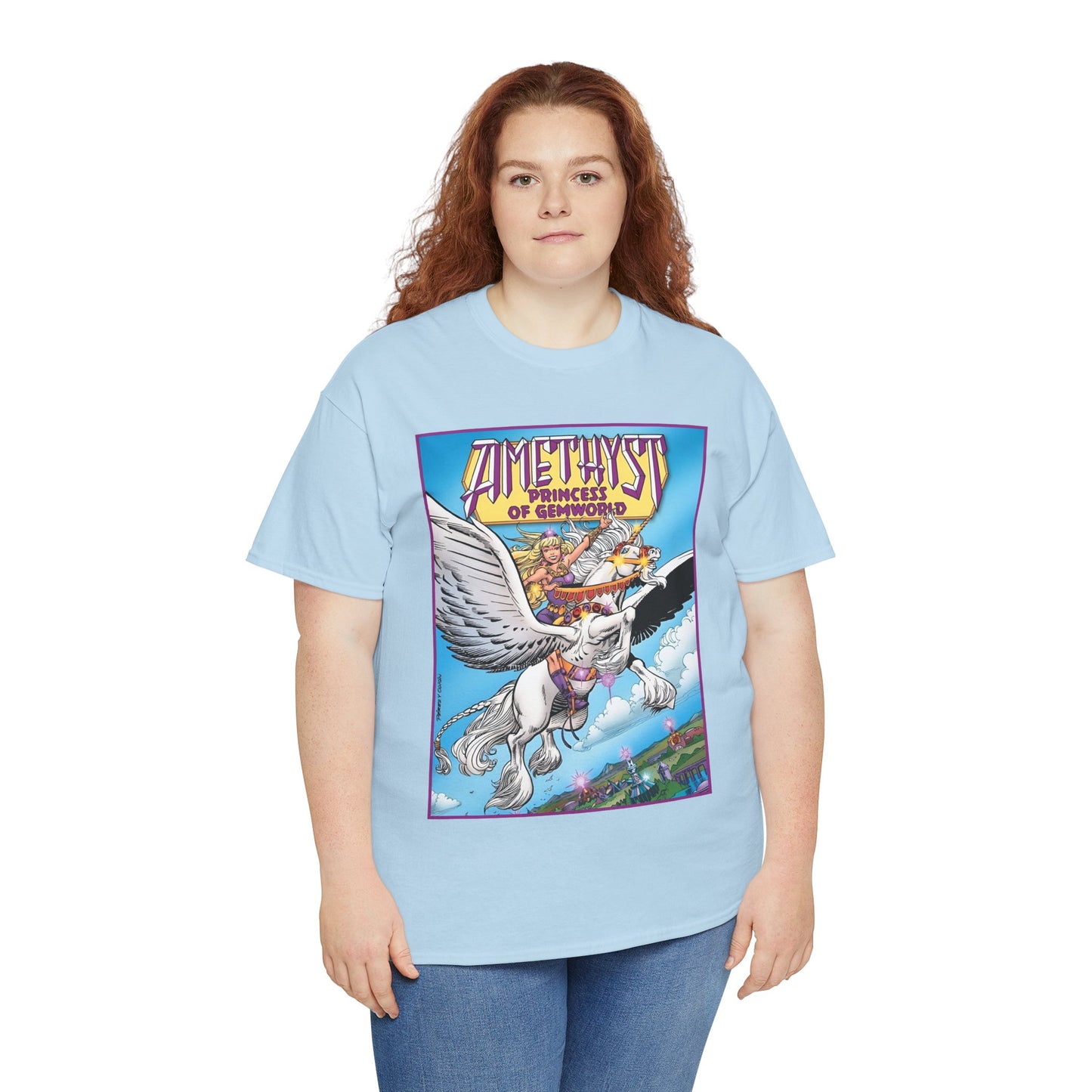 Amethyst Princess of Gemworld T-Shirt - George Perez Art - DC Comics 1980s Series - Riding a Unicorn
