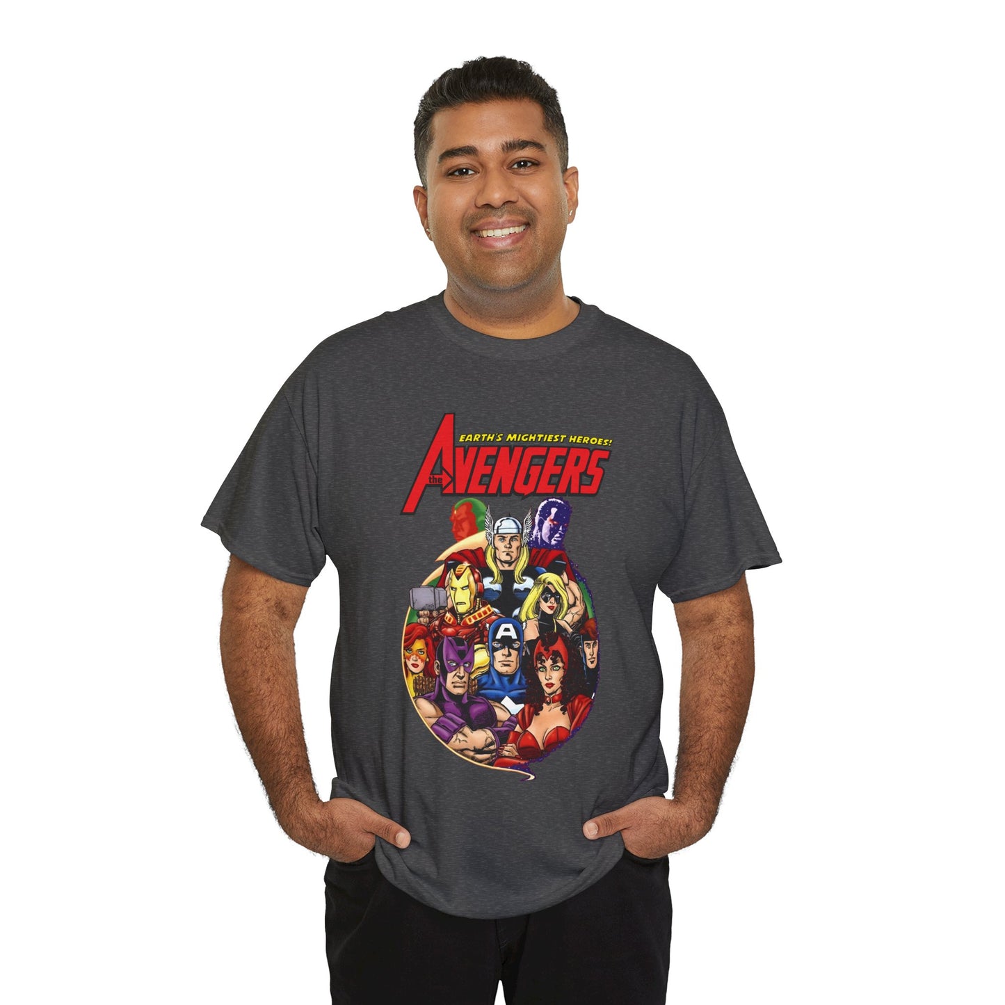 Avengers T-Shirt - George Perez Art - Captain America, Vision, Wonder Man, Iron Man, Thor, Hawkeye, Scarlet Witch - Popular Marvel Comics Characters