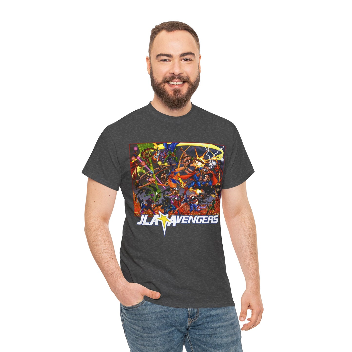 Avengers Vs JLA T-Shirt - Stunning George Perez Art - Marvel & DC Comics Crossover - Thor, Superman, Wonder Woman, Hercules, Iron Man, Batman, Black Canary, Scarlet Witch, Wonder Man, Martian Manhunter