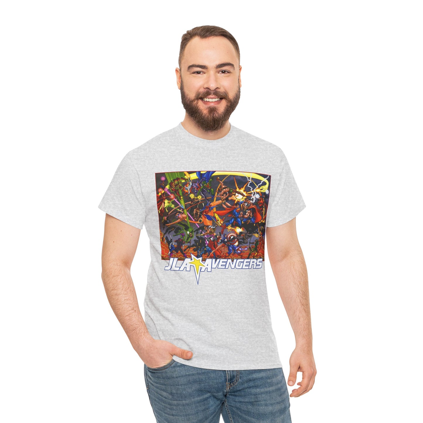 Avengers Vs JLA T-Shirt - Stunning George Perez Art - Marvel & DC Comics Crossover - Thor, Superman, Wonder Woman, Hercules, Iron Man, Batman, Black Canary, Scarlet Witch, Wonder Man, Martian Manhunter
