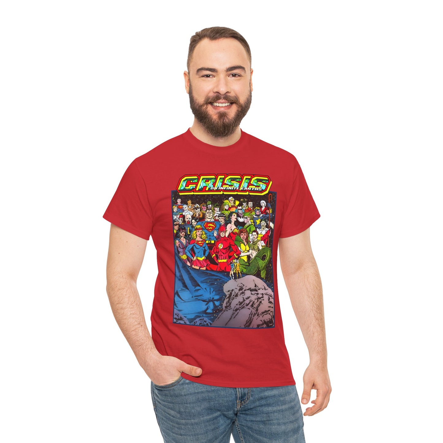 Crisis on Infinite Earths T-Shirt - George Perez Art - Supergirl, Flash, Huntress, Starman, Earth 3 Luthor, Lori Lemaris, Aquagirl, Earth 2 Robin - DC Comics