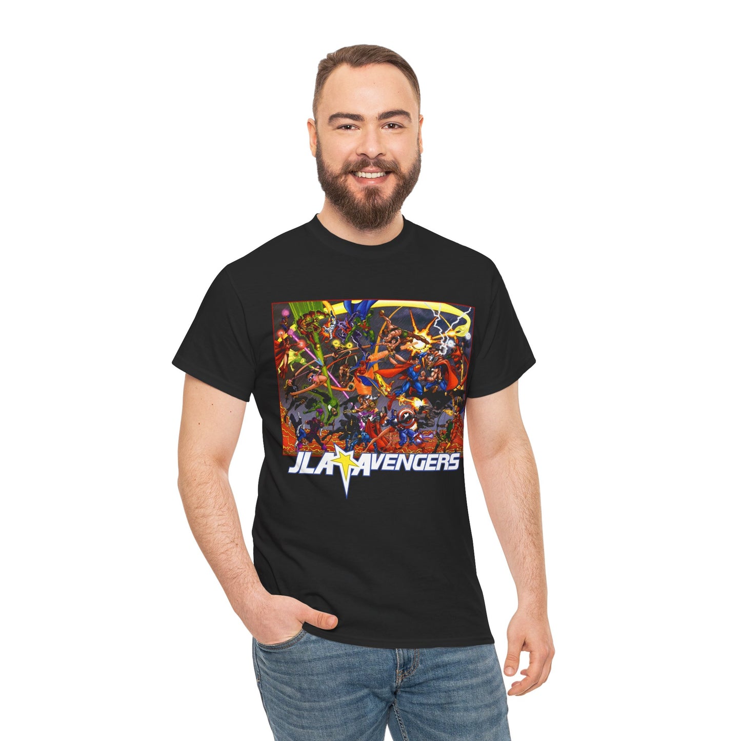 Avengers Vs JLA T-Shirt - Stunning George Perez Art - Marvel & DC Comics Crossover - Thor, Superman, Wonder Woman, Hercules, Iron Man, Batman, Black Canary, Scarlet Witch, Wonder Man, Martian Manhunter