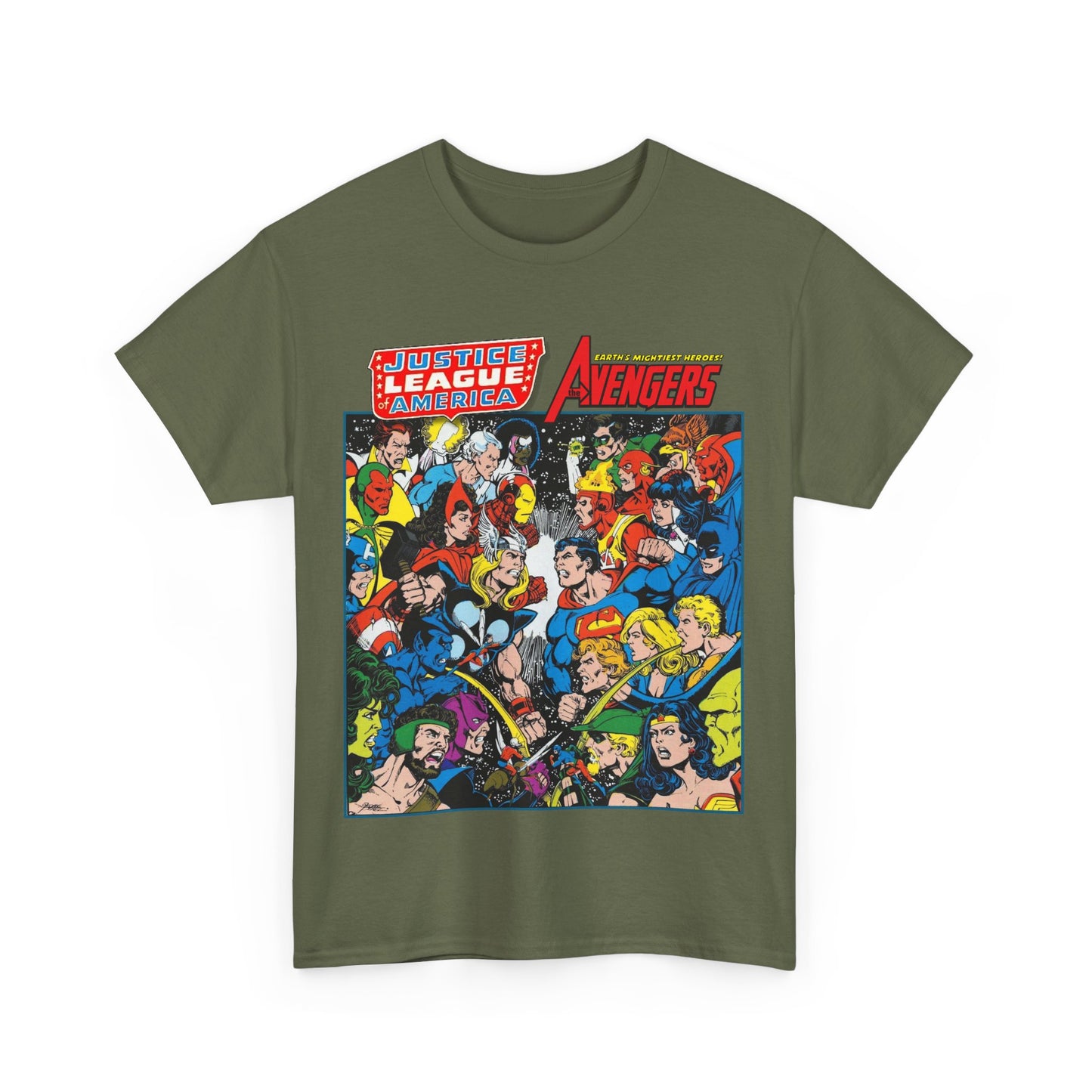 Justice League/Avengers T-Shirt - DC & Marvel Comics Art - George Perez - JLA - Batman, Captain America, Iron Man, Green Lantern