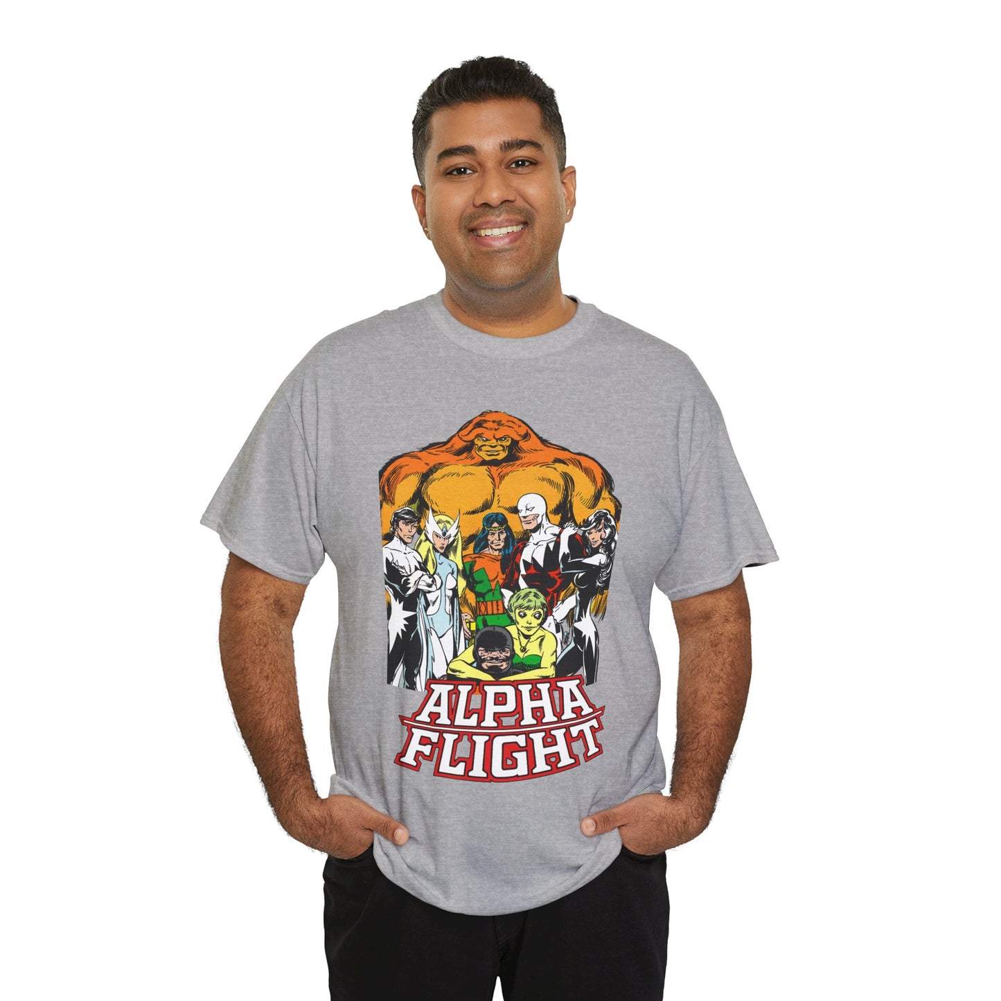 Alpha Flight T-Shirt - John Byrne Art - Northstar, Aurora, Guardian, Puck, Snowbird, Shaman, Sasquatch - Canada's Superhero Team - X-Men Connection - Marvel Comics