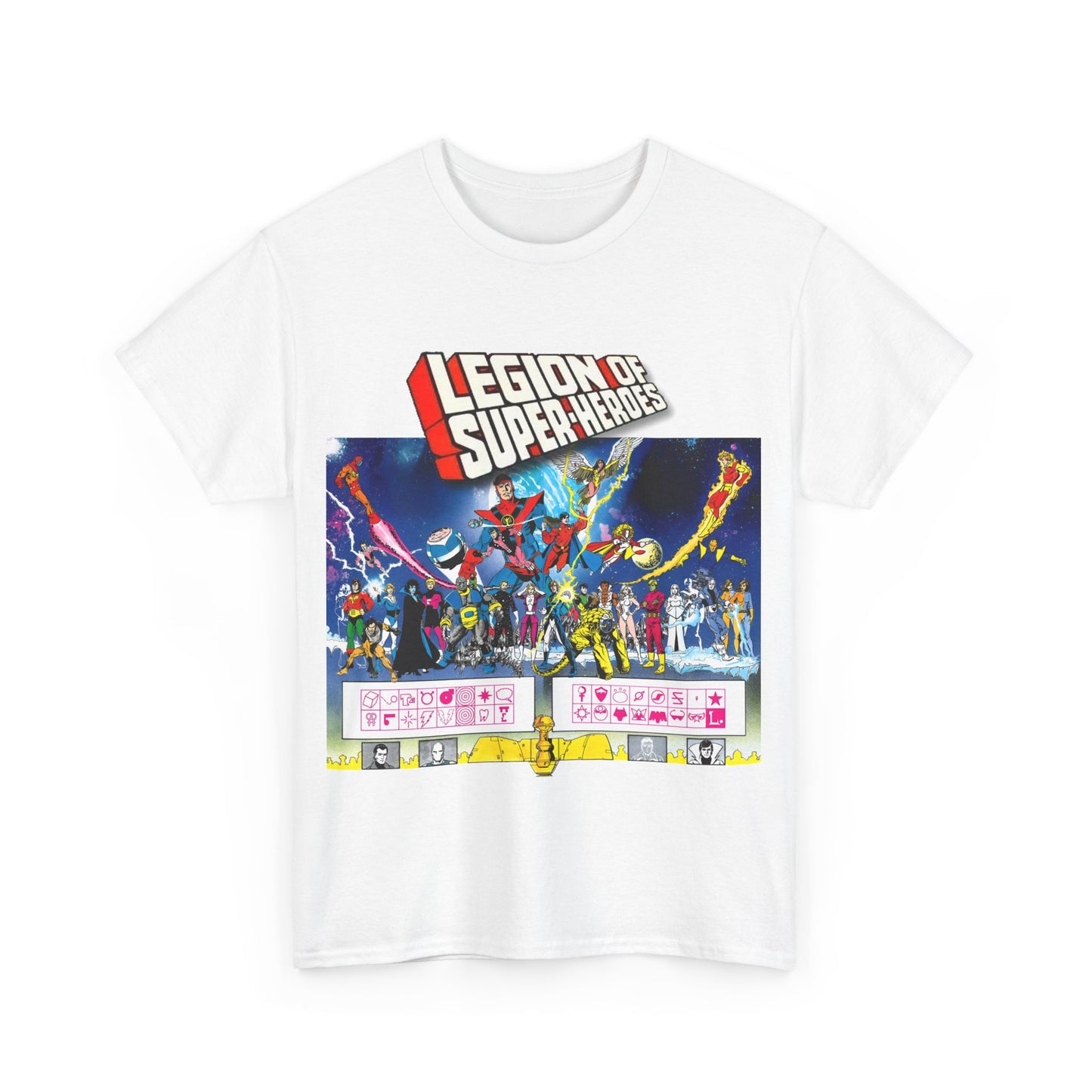 Legion of Super-Heroes T-Shirt - Gorgeous George Perez Art - History of the DC Universe - Lightning Lad, Timber Wolf, Wildfire, Sun Boy, Chamelon Boy - DC Comics