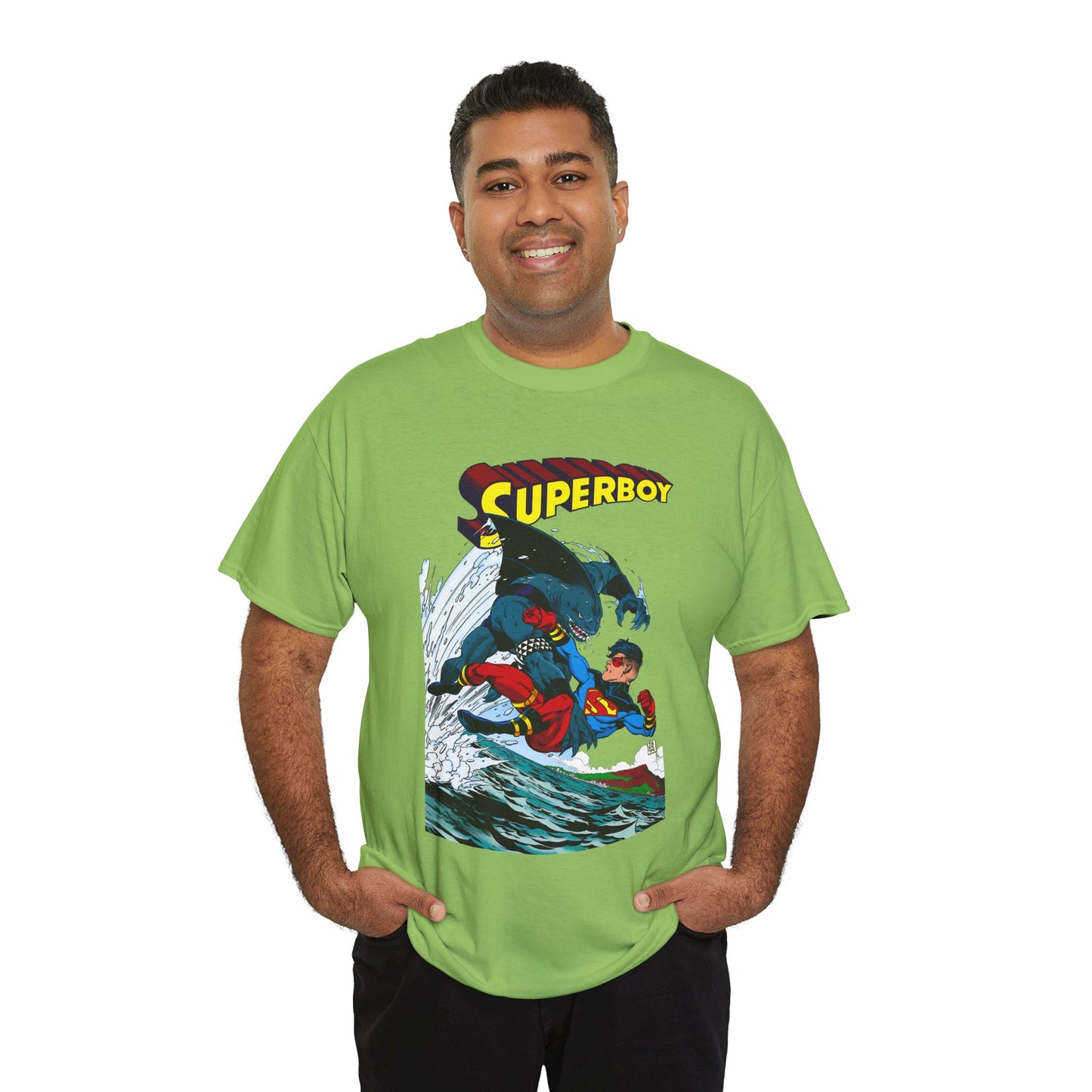 King Shark Vs Superboy T-Shirt - Tom Grummett Art - Connor Kent, Kon-L - Superman Family - DC Comics