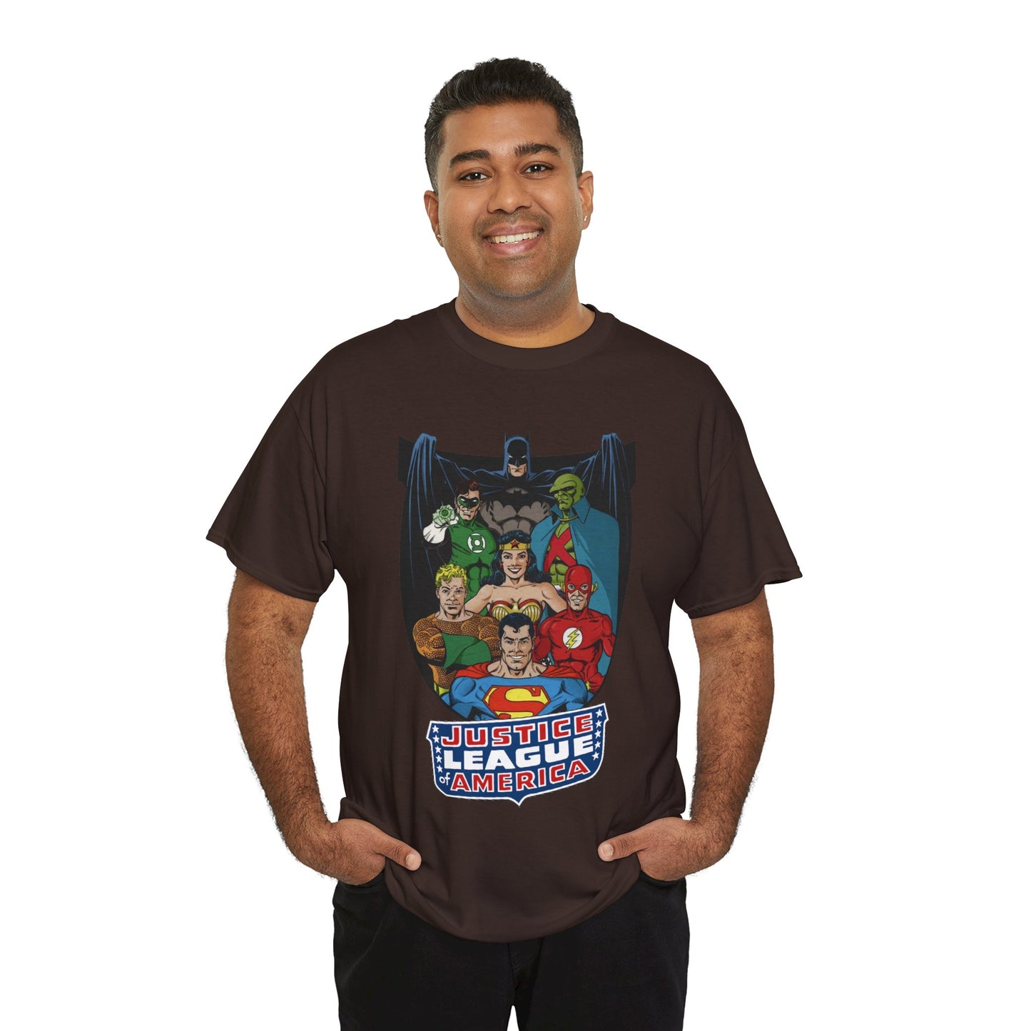 Justice League of America T-Shirt - George Perez Art - Superman, Wonder Woman, Batman, Aquaman, Martian Manhunter, Flash, Green Lantern - DC Comics