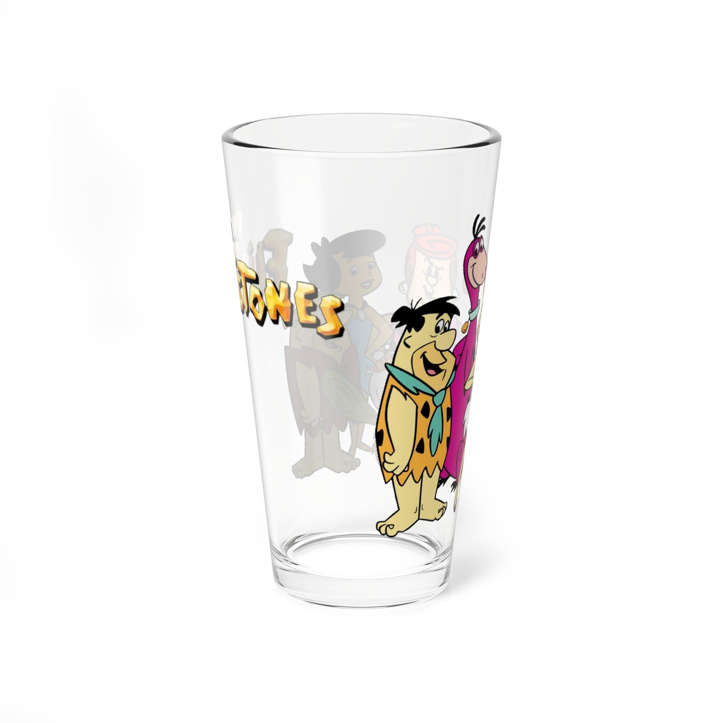 The Flintstones Pint Glass, 16oz - Fred & Wilma Flintstone, Betty & Barney Rubble, Pebbles & Bamm-Bamm, Pearl Slaghoople - Hanna-Barbera Cartoon