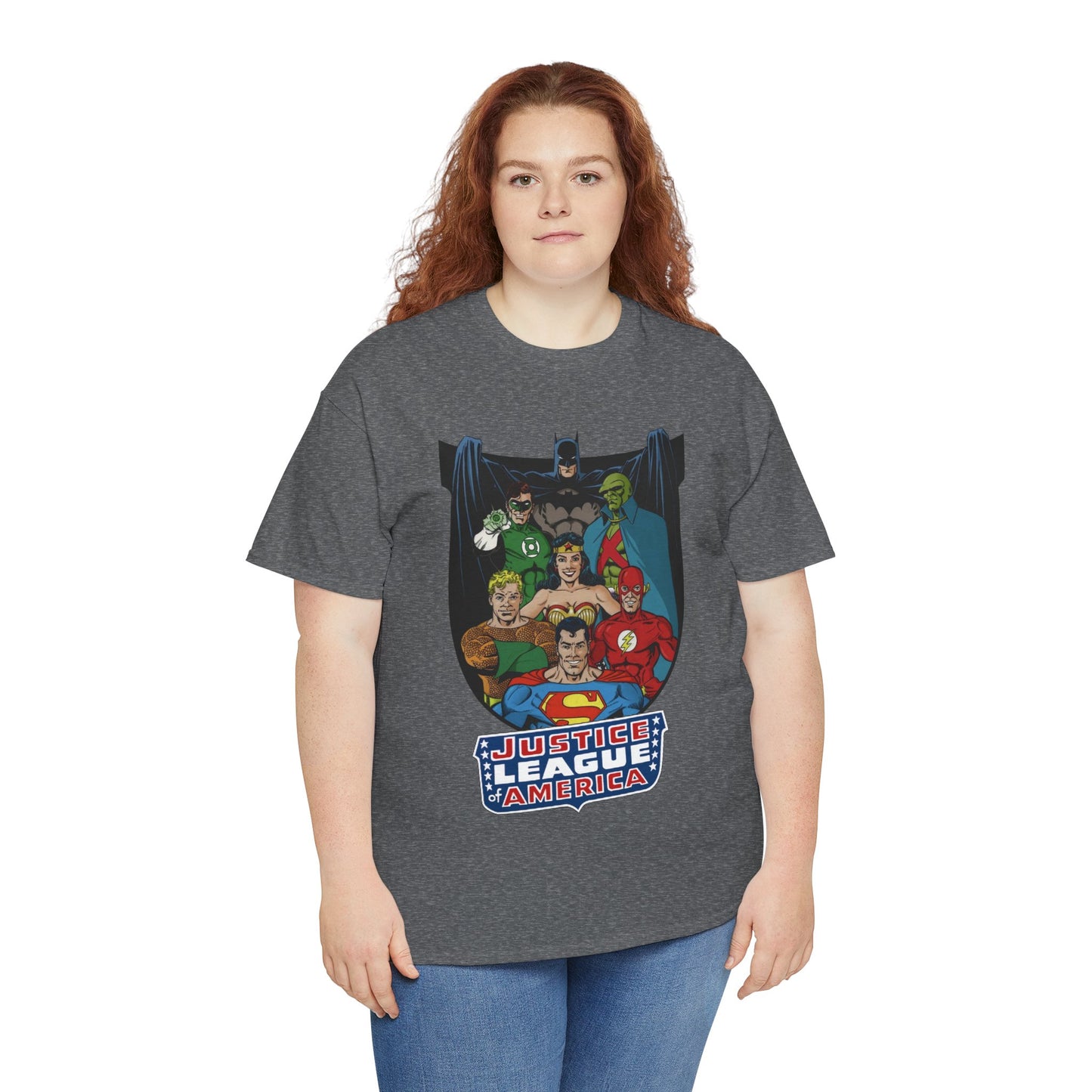 Justice League of America T-Shirt - George Perez Art - Superman, Wonder Woman, Batman, Aquaman, Martian Manhunter, Flash, Green Lantern - DC Comics