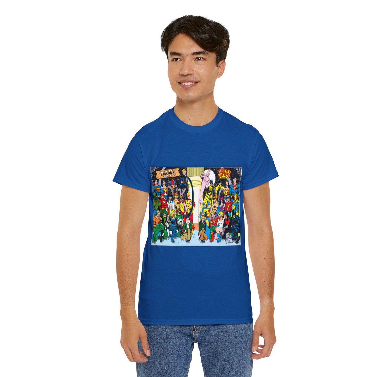 JLA & JSA T-Shirt - George Perez Art - Justice League, Society Team-up - Batman, Wildcat, Dr Fate, Hourman, Firestorm, Superman
