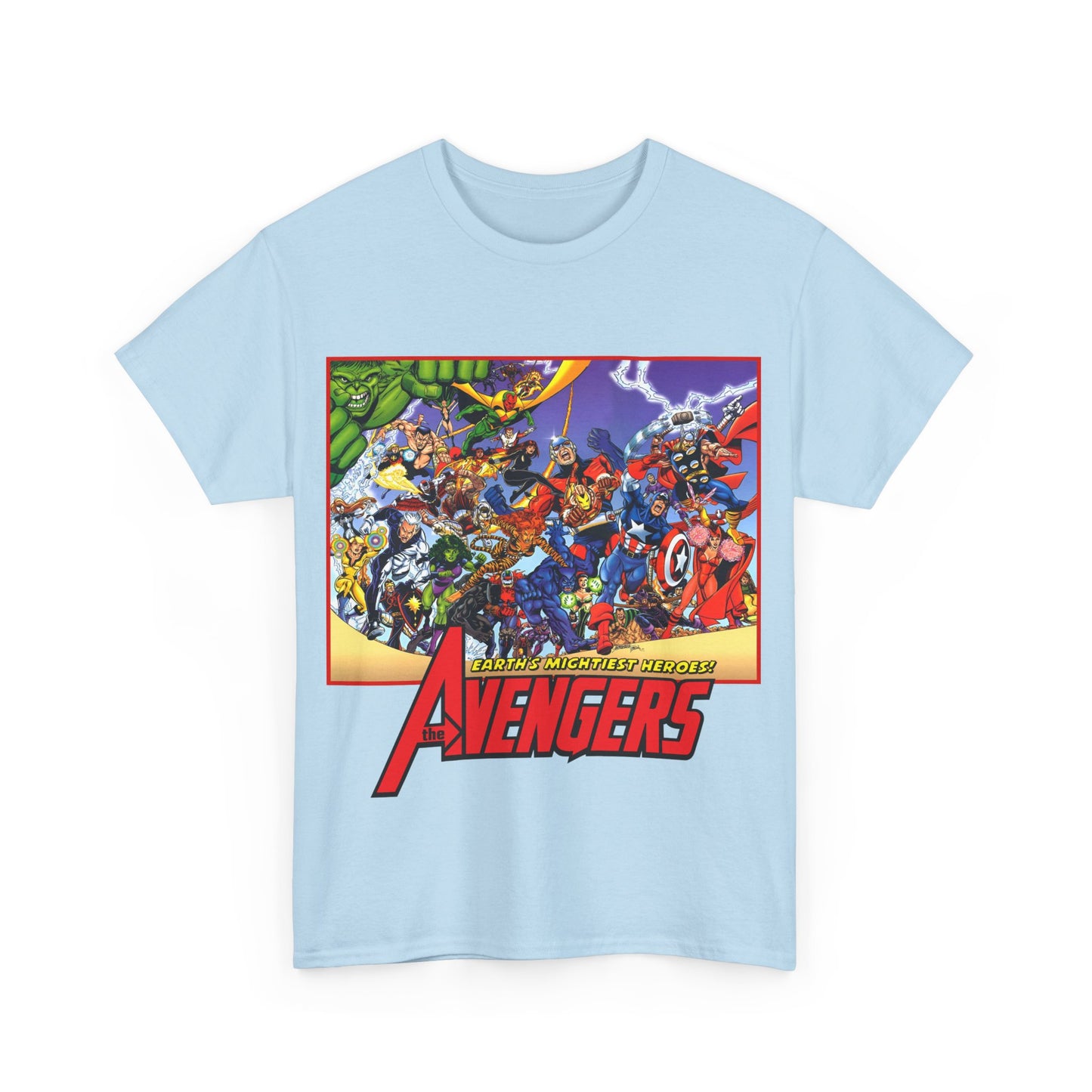 Avengers T-Shirt - George Perez Art - Marvel Comics - Captain America, Iron Man, Thor, She-Hulk, Hawkeye, Vision, Quicksilver - Classic Cover