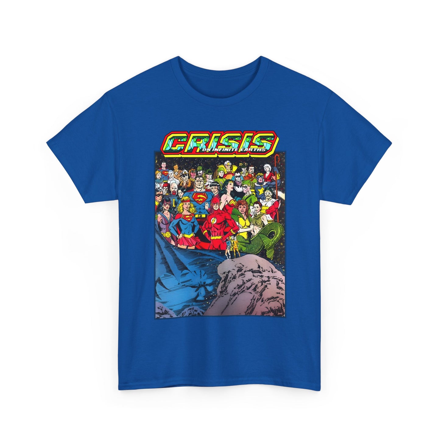 Crisis on Infinite Earths T-Shirt - George Perez Art - Supergirl, Flash, Huntress, Starman, Earth 3 Luthor, Lori Lemaris, Aquagirl, Earth 2 Robin - DC Comics