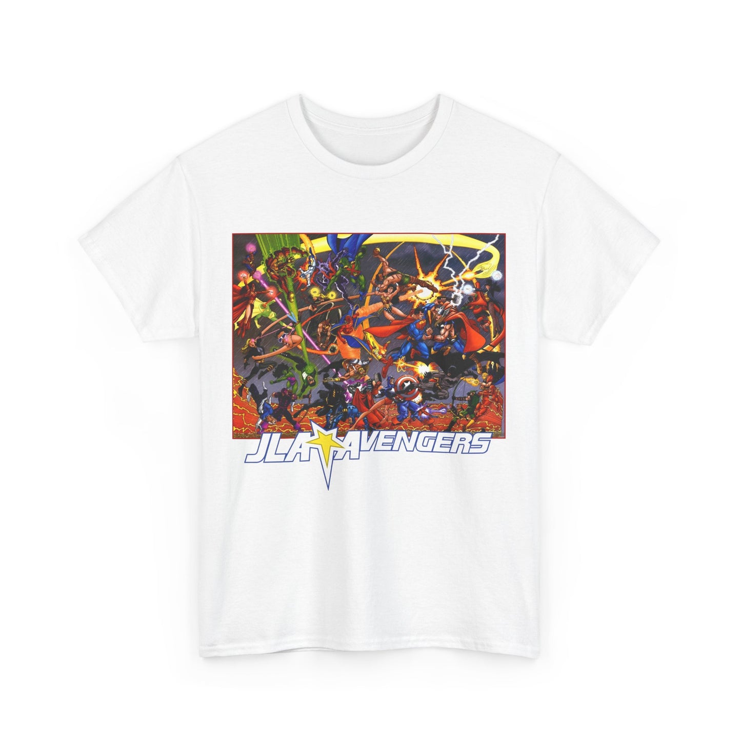 Avengers Vs JLA T-Shirt - Stunning George Perez Art - Marvel & DC Comics Crossover - Thor, Superman, Wonder Woman, Hercules, Iron Man, Batman, Black Canary, Scarlet Witch, Wonder Man, Martian Manhunter