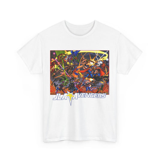 Avengers Vs JLA T-Shirt - Stunning George Perez Art - Marvel & DC Comics Crossover - Thor, Superman, Wonder Woman, Hercules, Iron Man, Batman, Black Canary, Scarlet Witch, Wonder Man, Martian Manhunter