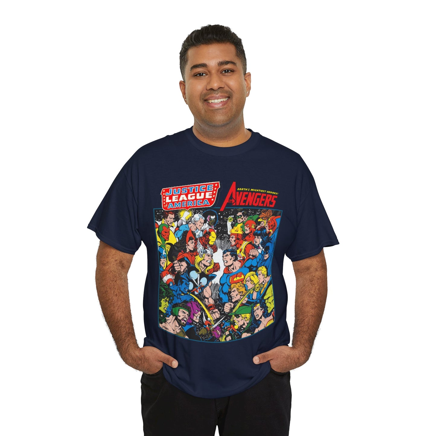 Justice League/Avengers T-Shirt - DC & Marvel Comics Art - George Perez - JLA - Batman, Captain America, Iron Man, Green Lantern