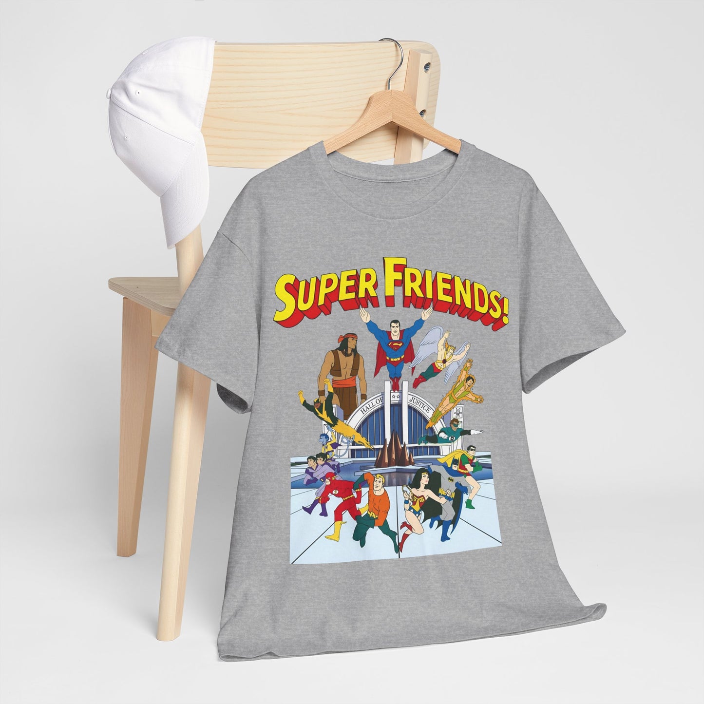 Super Friends T-Shirt - DC Hanna-Barbera - Superman, Wonder Woman, Black Vulcan, Batman, The Wonder Twins, Apache Chief, Hall of Justice