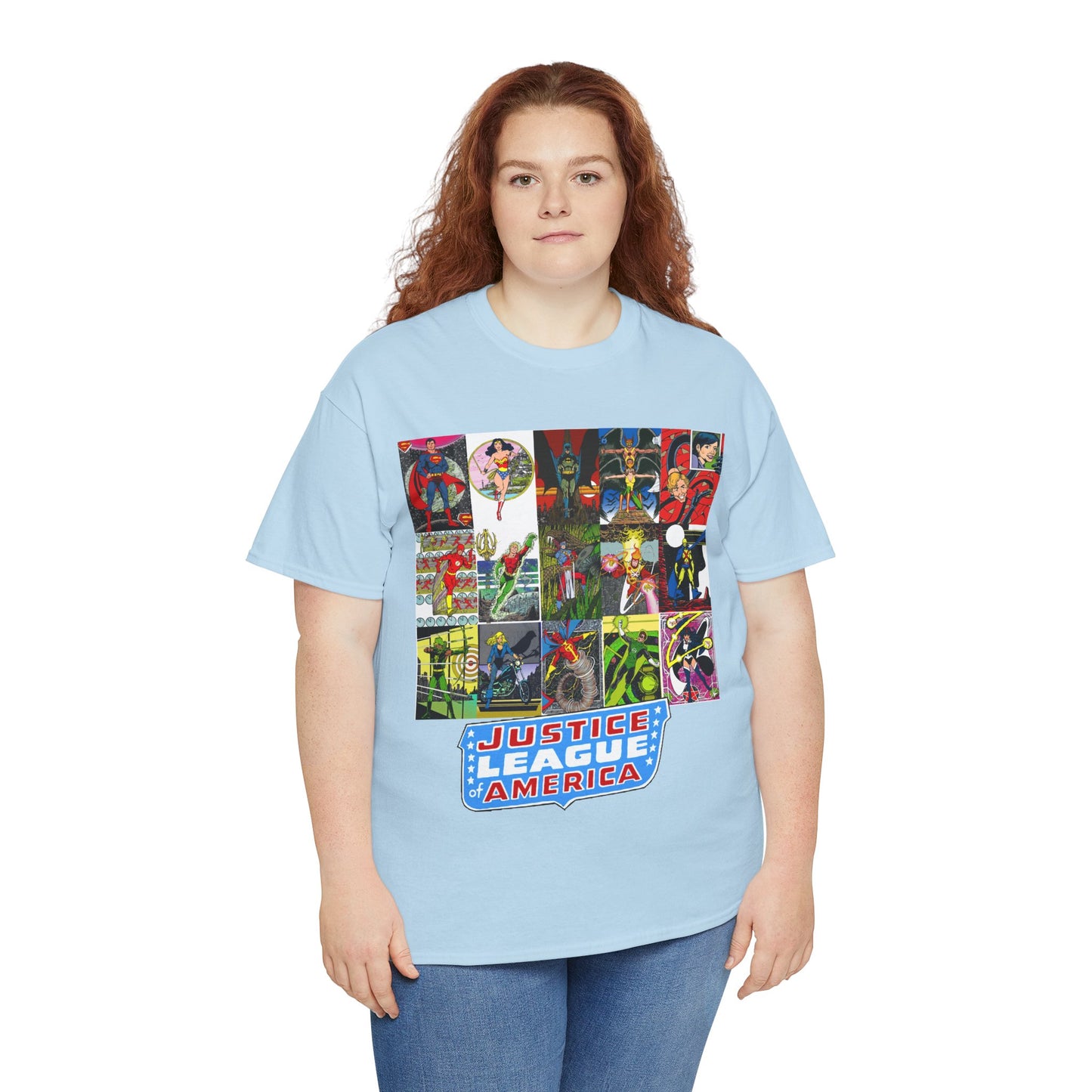 JLA Postcard T-Shirt - George Perez Art - Zatanna, Green Lantern, Flash, Batman, Hawkman, Wonder Woman, Firestorm - Justice League of America - DC Comics