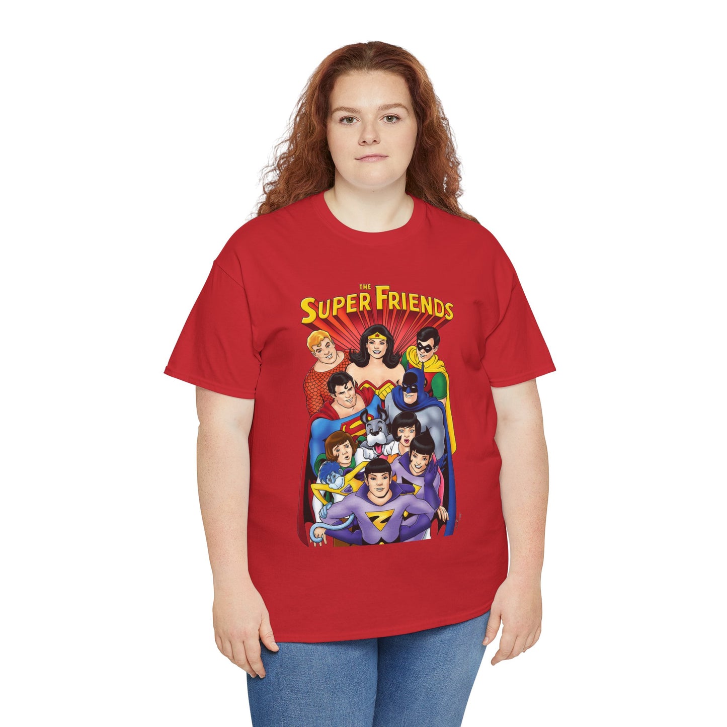 Super Friends T-Shirt - Kevin Maguire Art - Wonder Twins, Gleek, Superman, Wonder Woman Batman - DC Comics - Based on 1970s Hanna-Barbera Cartoon