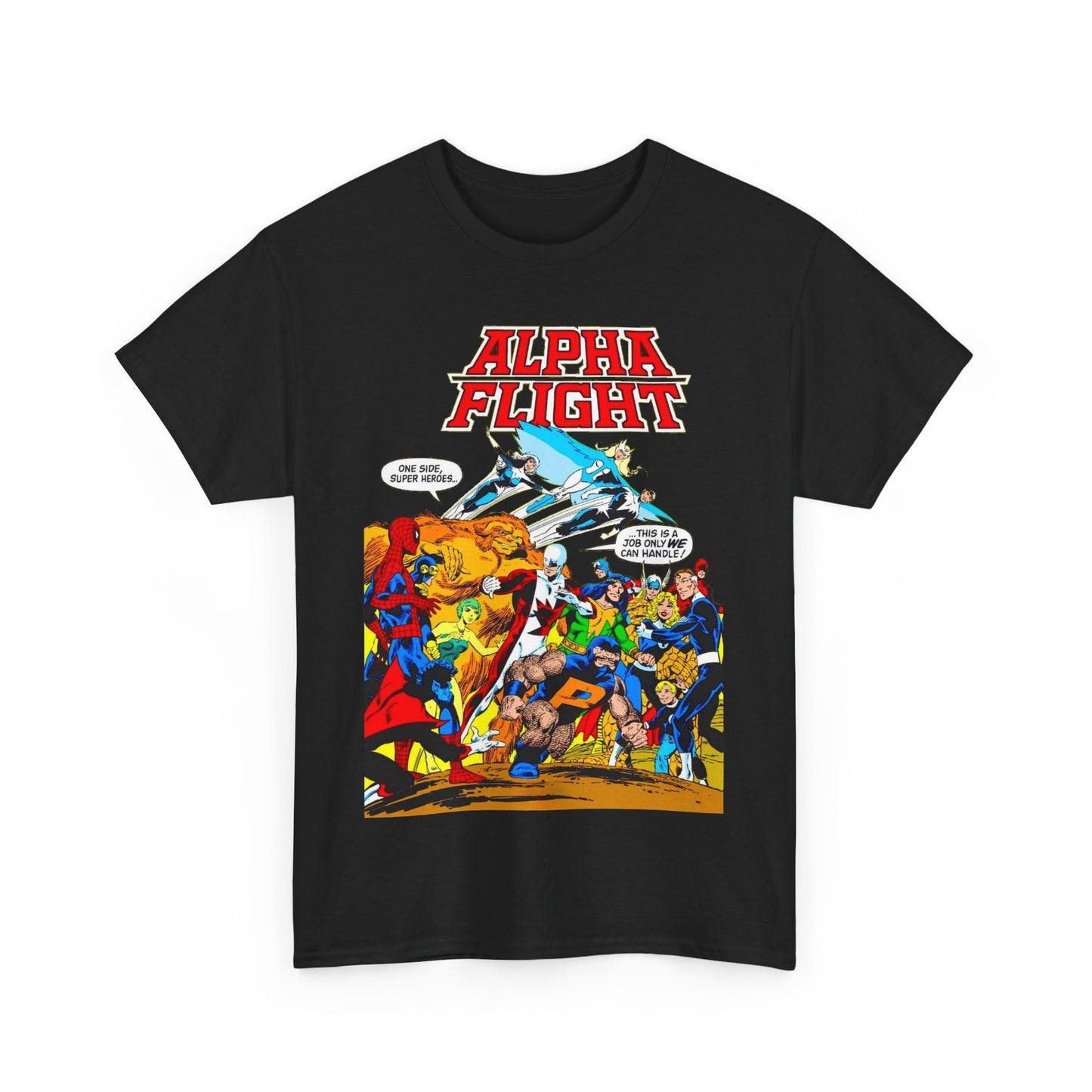 Alpha Flight T-Shirt - John Byrne Art - Sasquatch, Aurora, Northstar, Guardian, Puck, Shaman, Snowbird - Canada's Super Team - Marvel Comics