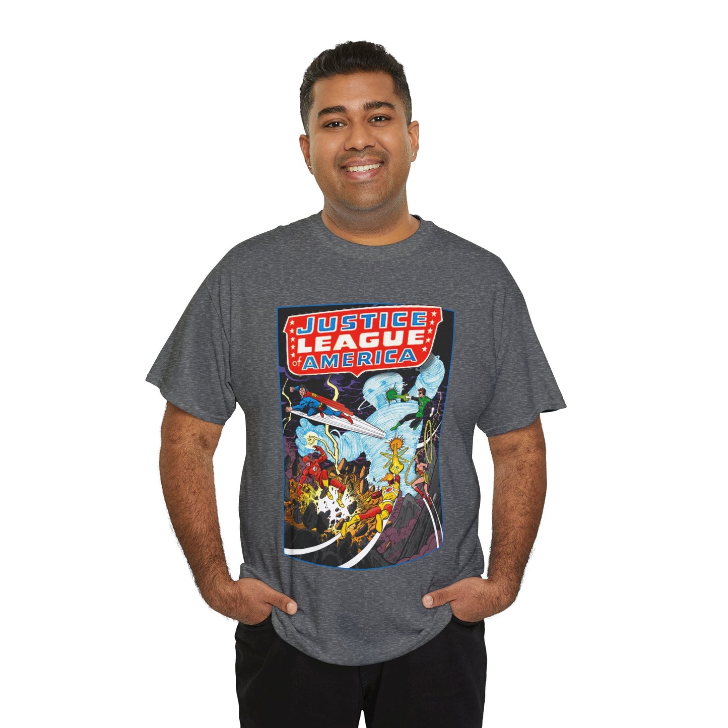 Justice League T-Shirt - George Perez Art - Tornado Tyrant - Superman, Firestorm, Flash, Wonder Woman, Green Lantern - DC Comics