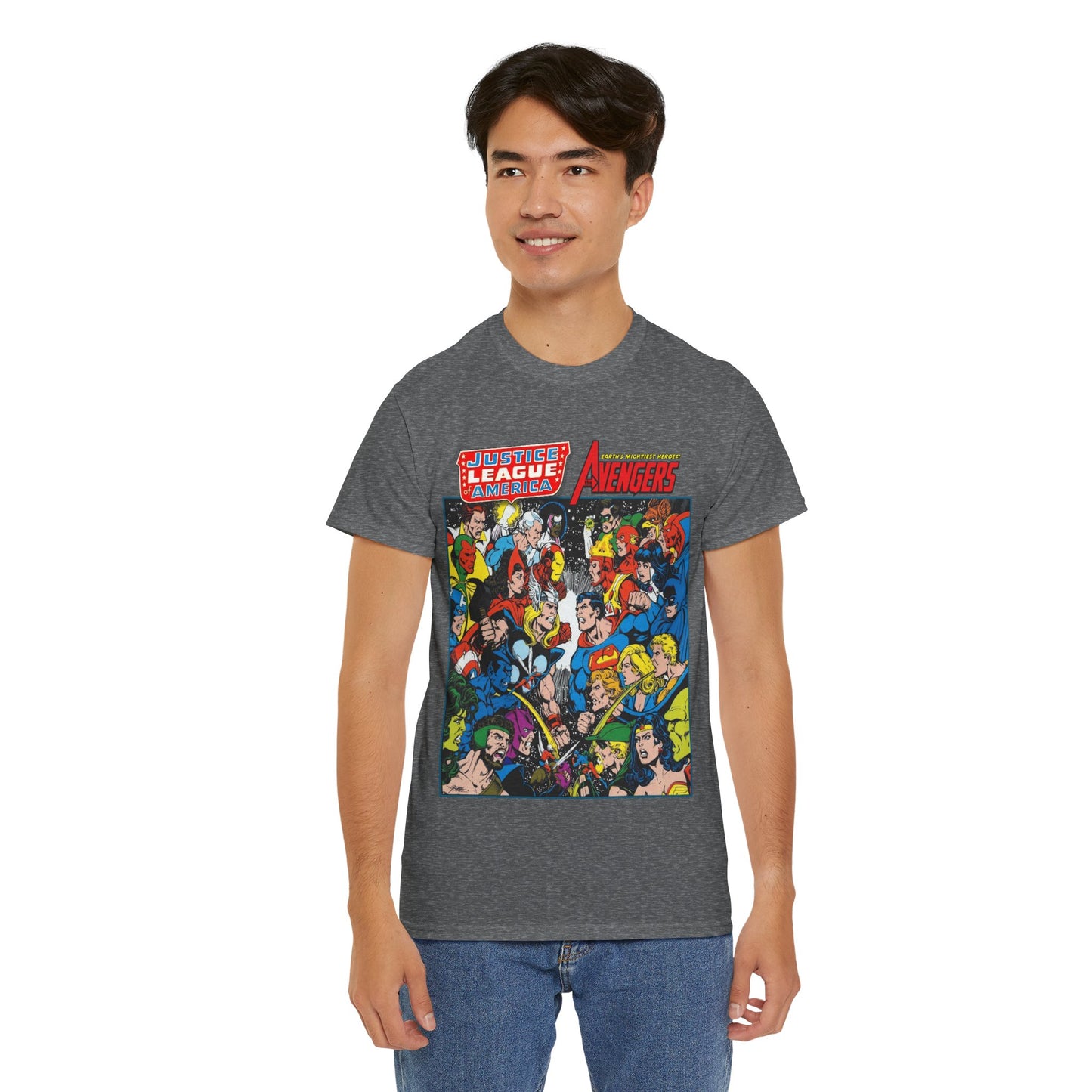 Justice League/Avengers T-Shirt - DC & Marvel Comics Art - George Perez - JLA - Batman, Captain America, Iron Man, Green Lantern