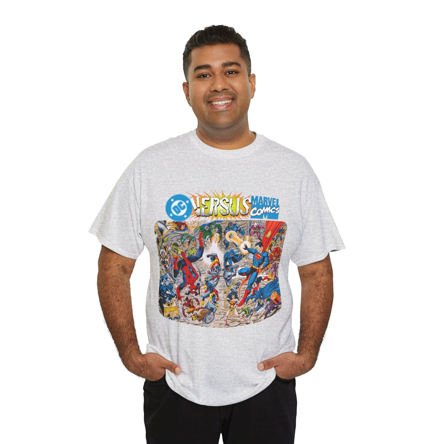 DC Comics Vs Marvel T-Shirt - John Byrne Art - Spider-Man, Raven, Cyborg, Wolverine, Joker, Superman, Batman, Deathstroke, Darkseid
