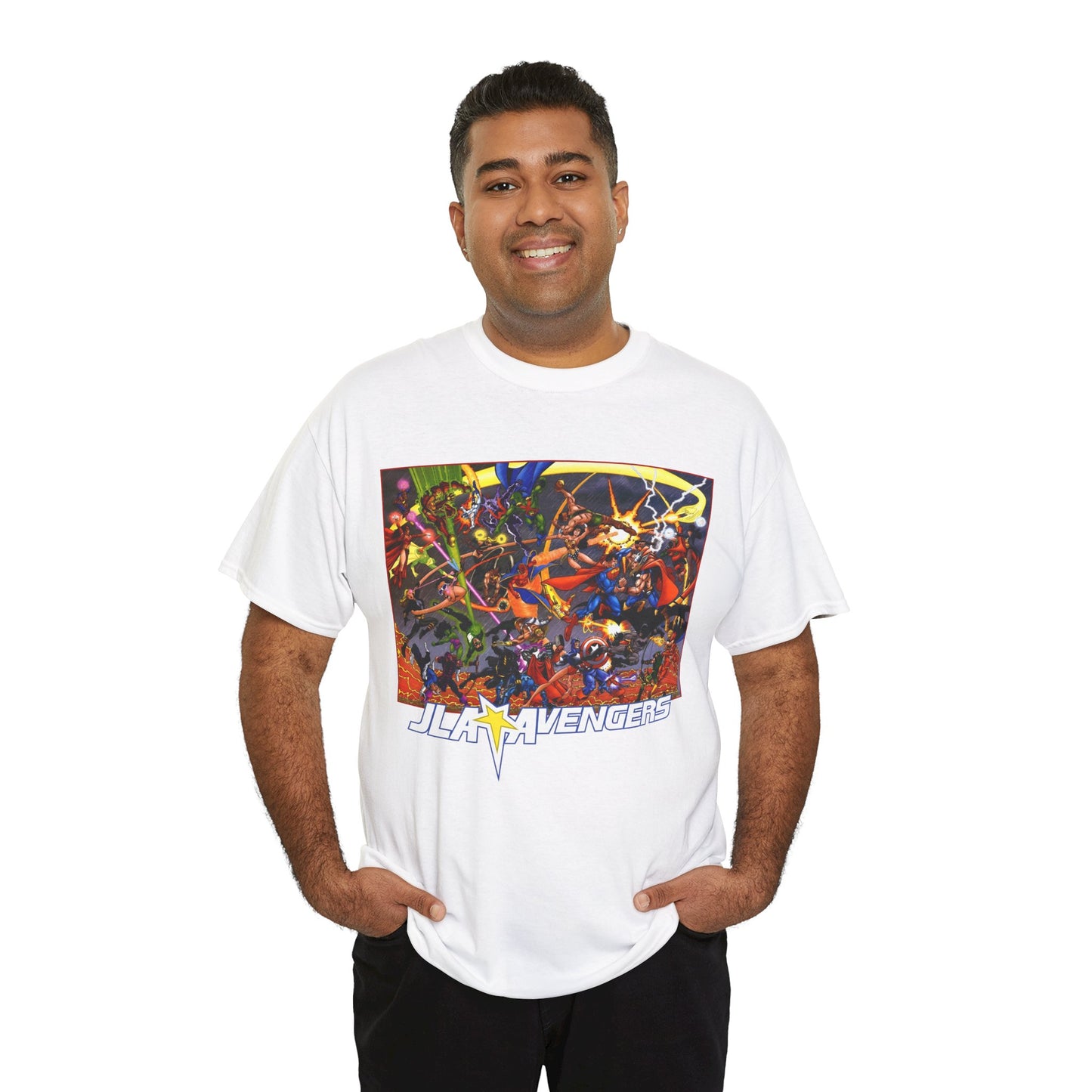 Avengers Vs JLA T-Shirt - Stunning George Perez Art - Marvel & DC Comics Crossover - Thor, Superman, Wonder Woman, Hercules, Iron Man, Batman, Black Canary, Scarlet Witch, Wonder Man, Martian Manhunter